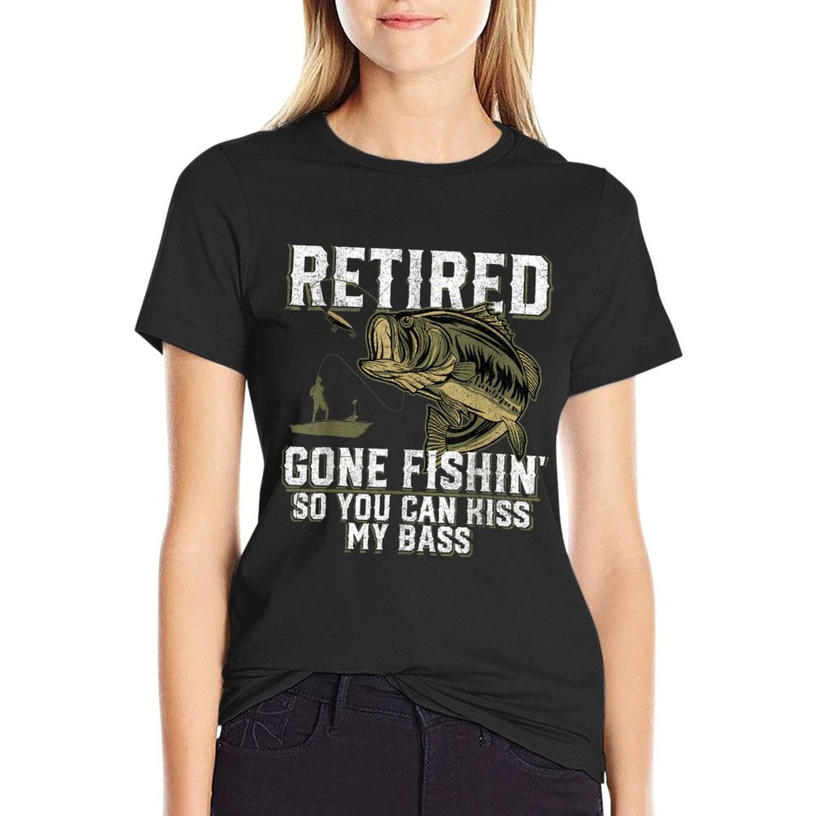 Funny Bass Fishings & Gifts For Men Retired Gone Fishin' Unisex Adult Humor Bass Fishing Black Medium  Fade-proof Color T-Shirt
