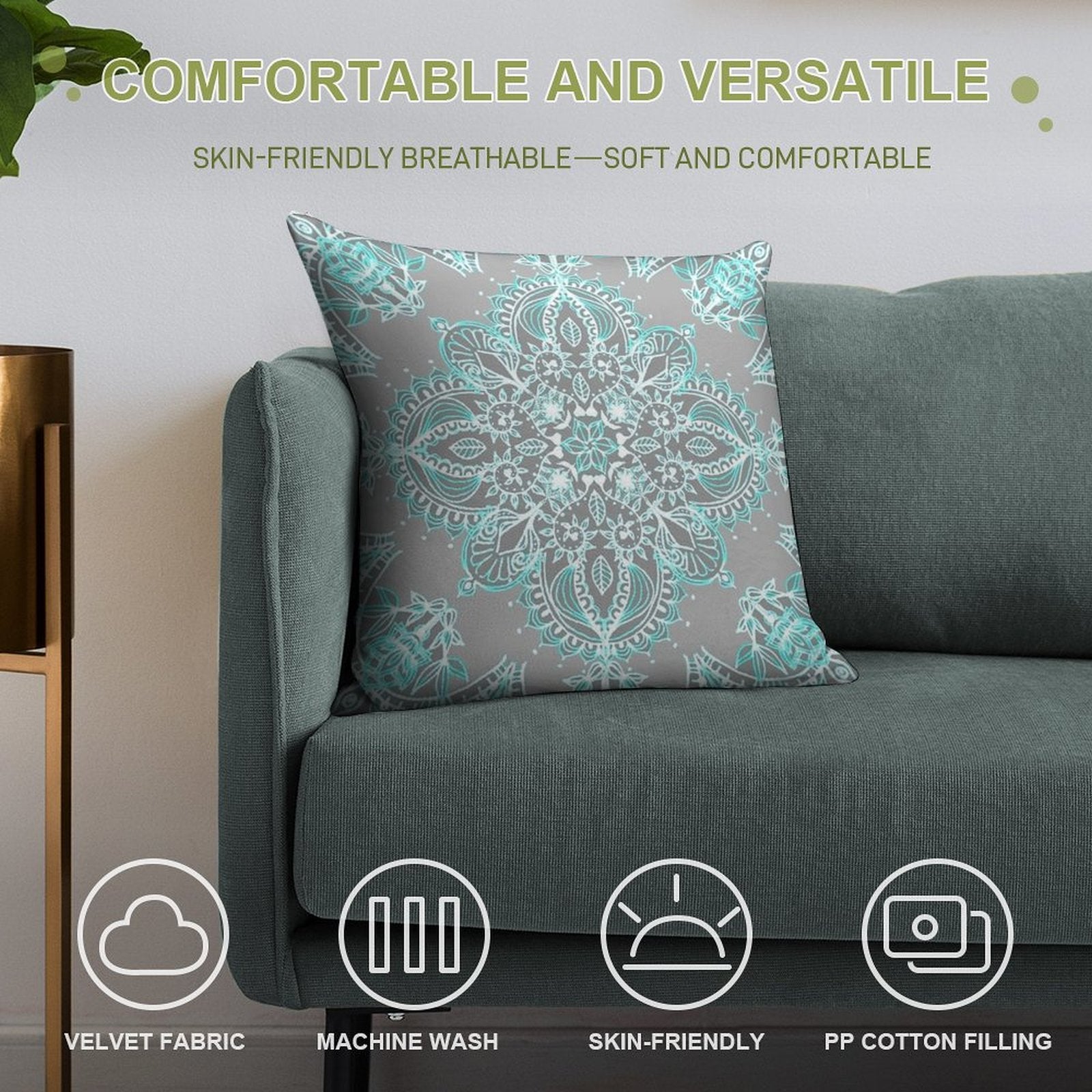 Teal And Aqua Lace Mandala on Grey Soft Skin-Friendly Throw Pillow