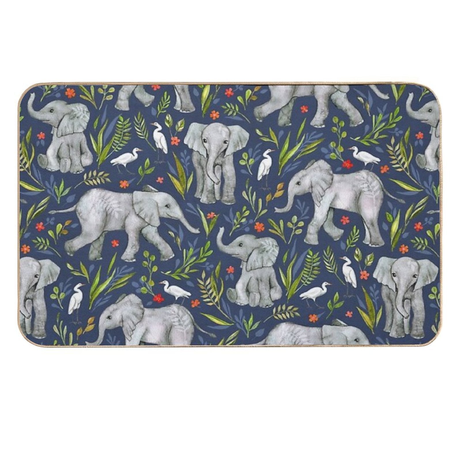Baby Elephants And Egrets in Watercolor - Navy Blue  Anti-Trip Bath Mat