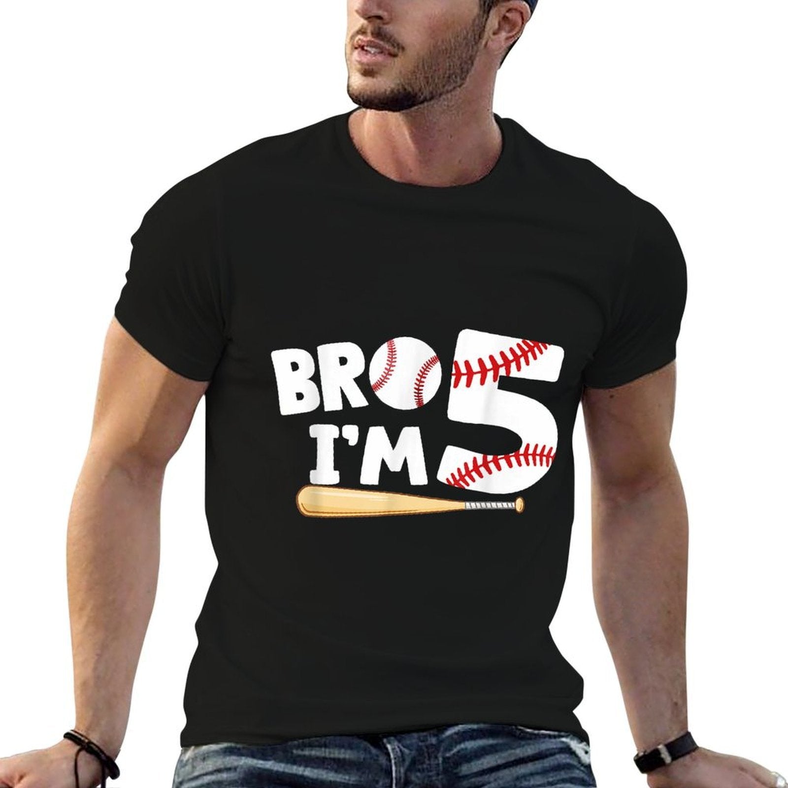 5th Birthday Boy Bro I'm 5 Year Old Baseball Theme  Wrinkle-resistant T-Shirt
