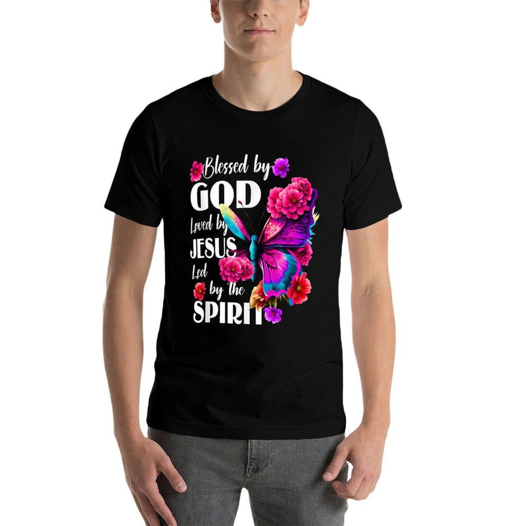 Blessed by God Loved by Jesus Floral Butterfly Christian  Heathered Texture T-Shirt