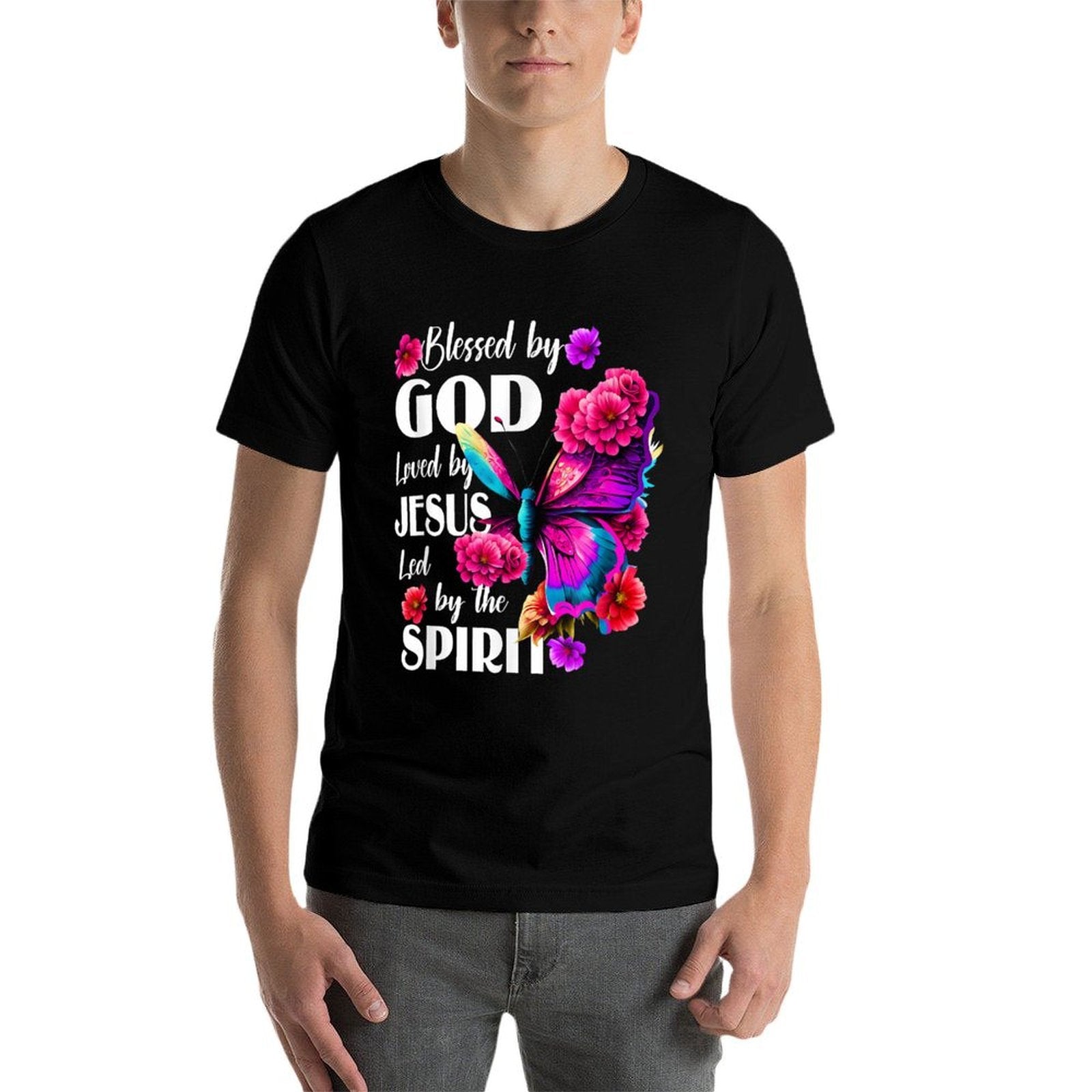 Blessed by God Loved by Jesus Floral Butterfly Christian  Heathered Texture T-Shirt