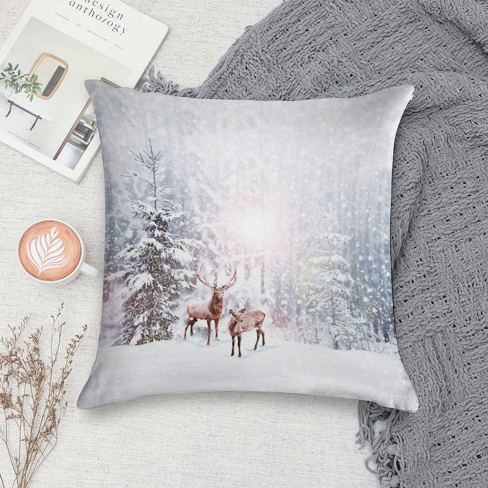 Winter Wonderland - Christmas Deer Stag Snow Trees Soft Durable Construction Throw Pillow