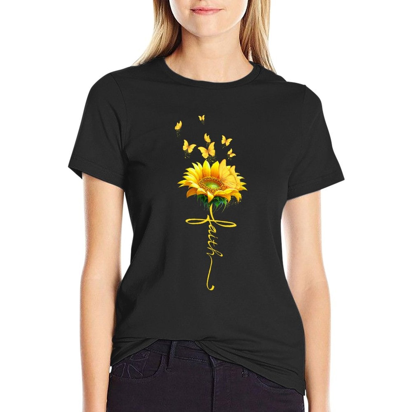 Faith Cross Sunflower Butterflies Flowers Christians  Easy-care T-Shirt