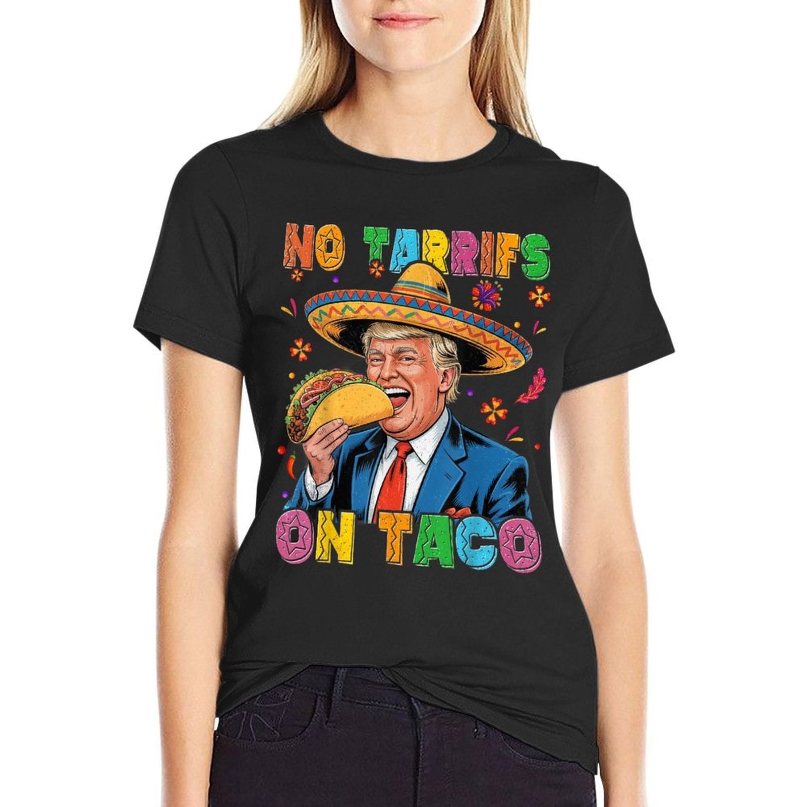 Funny Mexican Cinco De Mayo Trump No Tarrifs On Taco  Ribbed Collar T-Shirt
