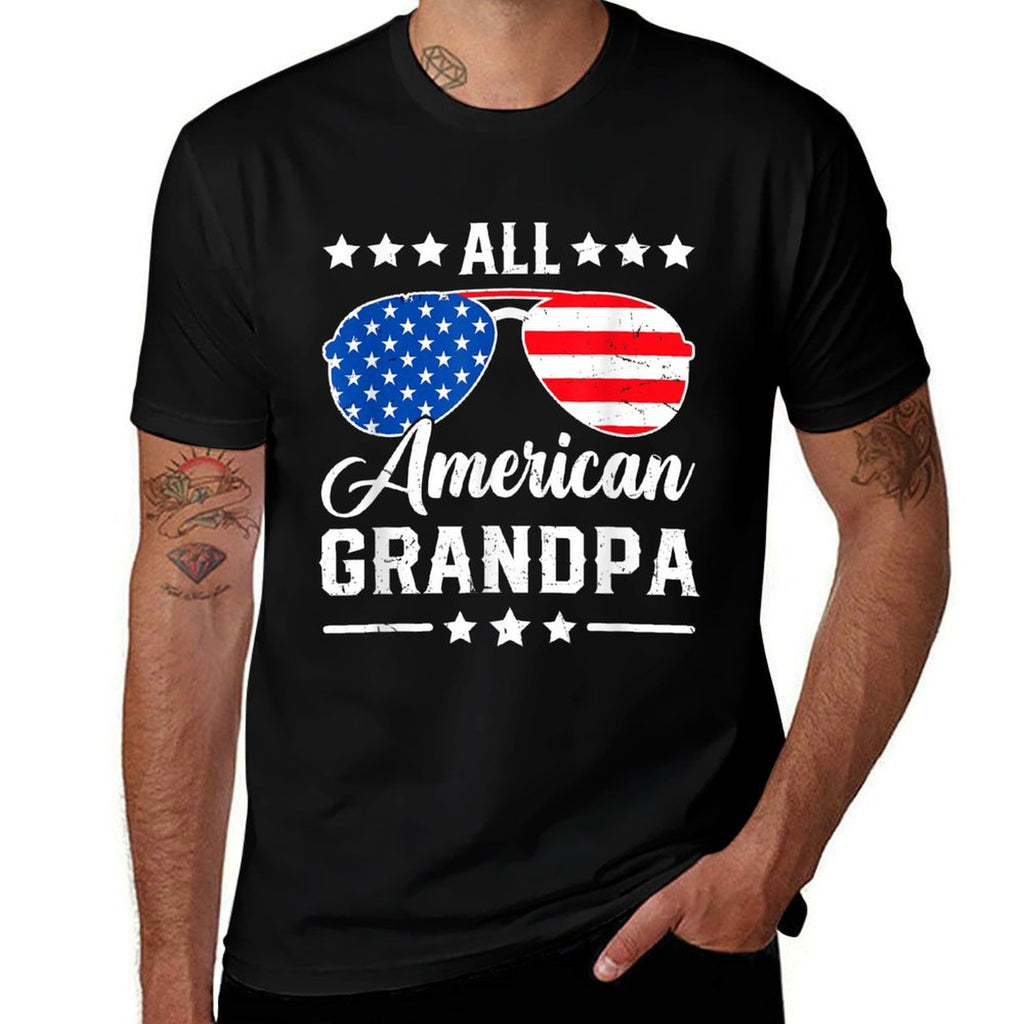 All American Grandpa 4th of July Patriotic USA Matching  Ribbed Collar T-Shirt