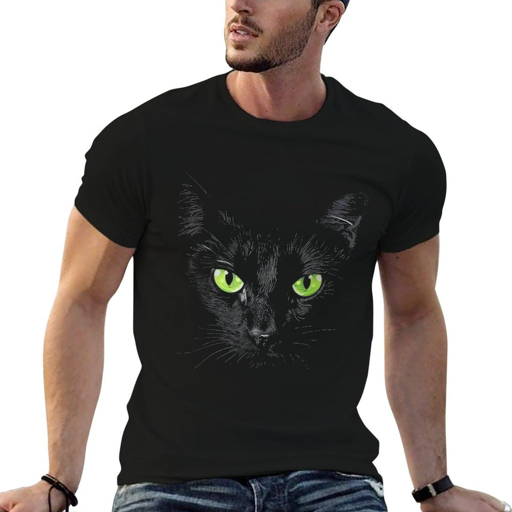 Funny Black Cat Face Green Eyes Kitten Halloween Costume  Summer-ready Fabric T-Shirt