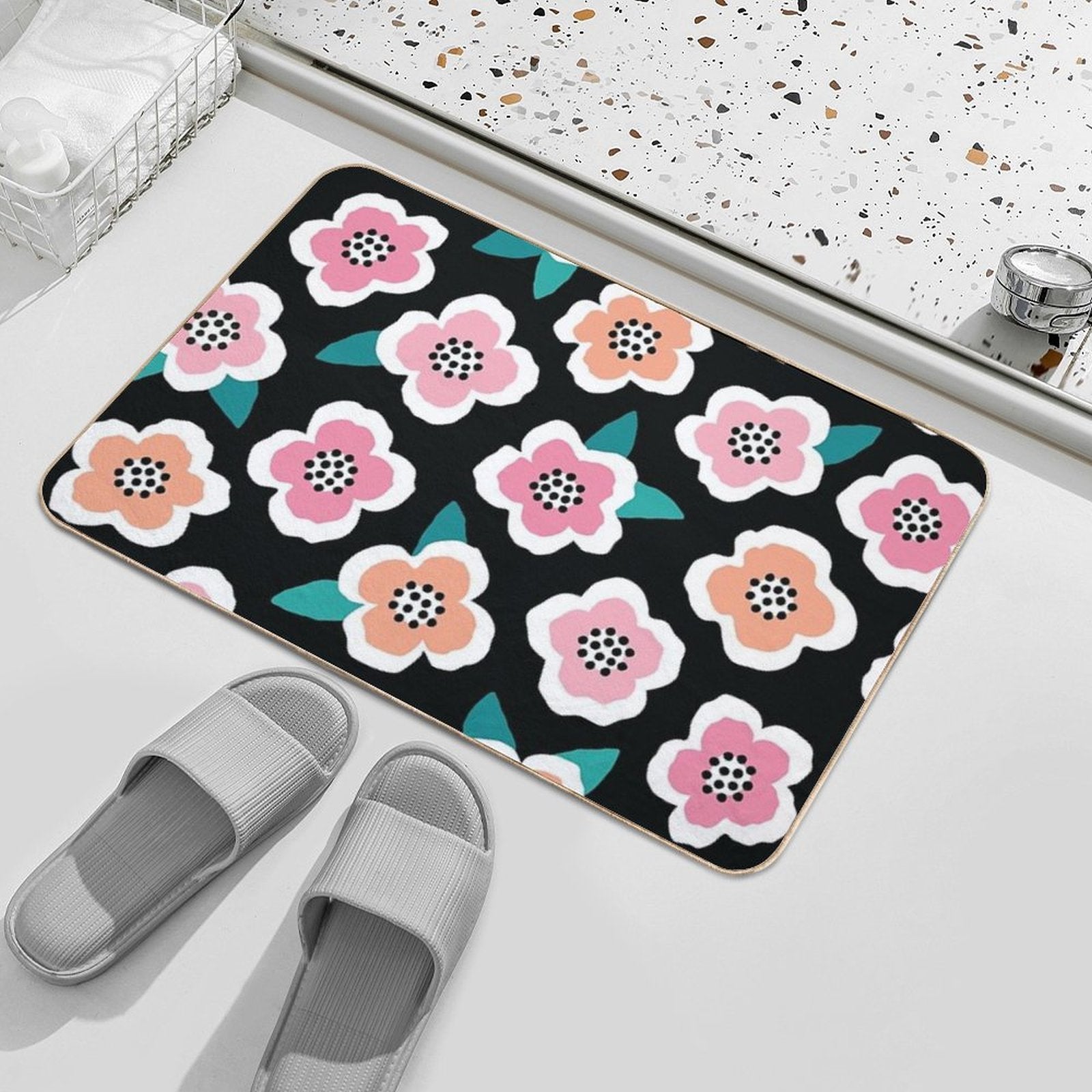 Scandi Briar Roses - Pink on Black  Anti-Trip Bath Mat