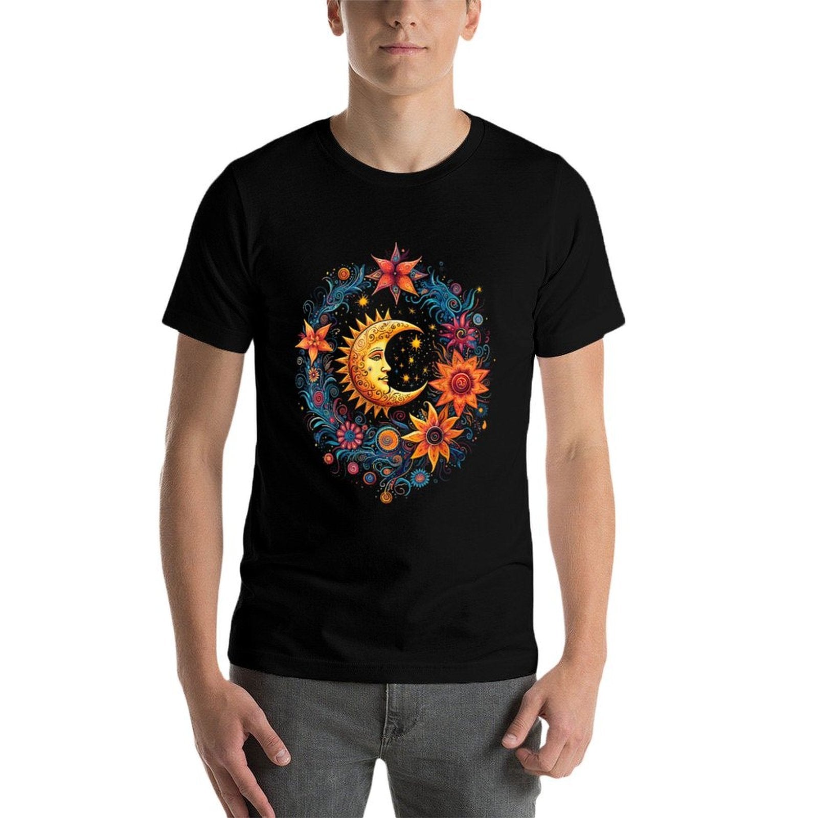 Mystic Sun And Moon Woman Mystical Flowers Aesthetic  Cotton T-Shirt