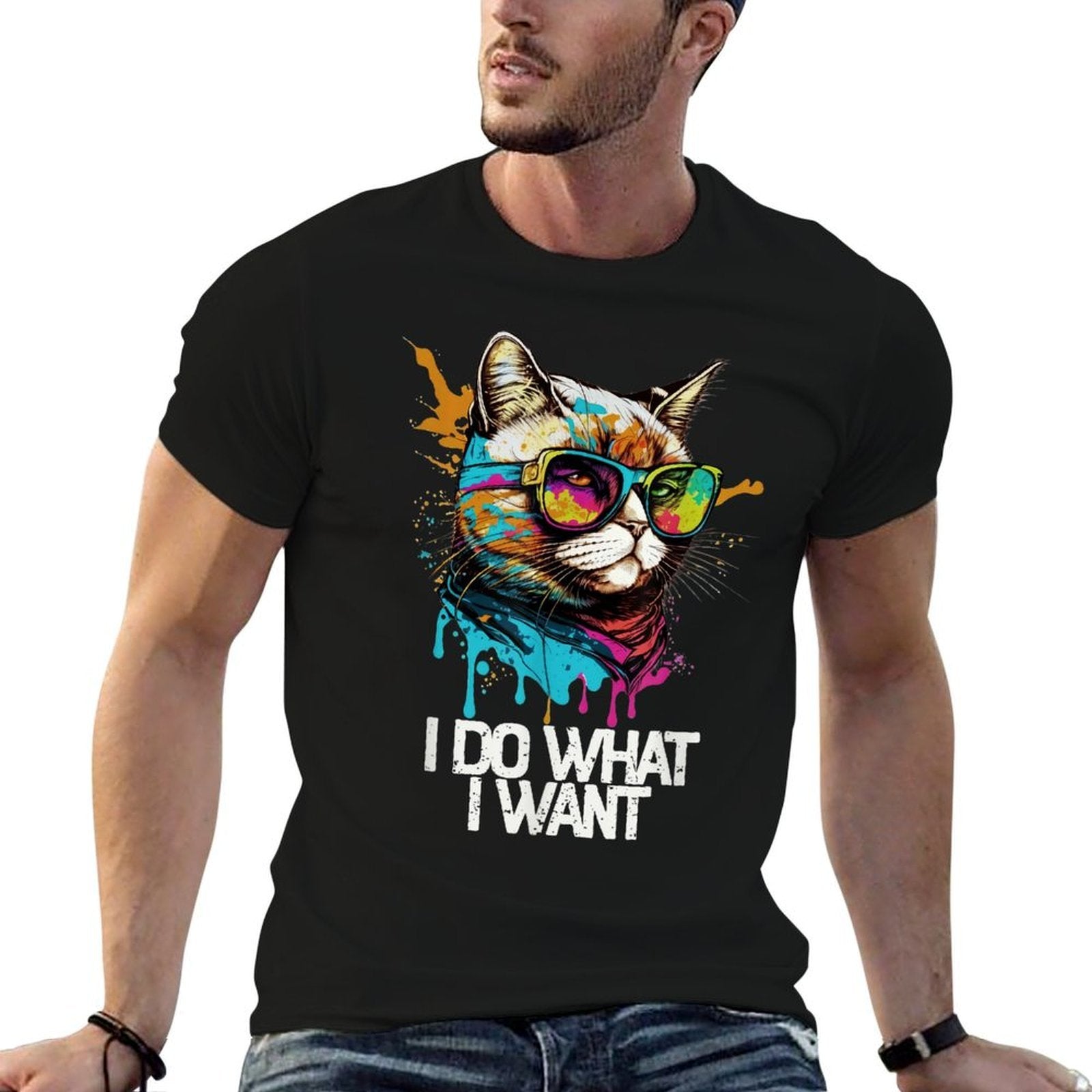 Funny Cat Accessories & Gifts for Boys Girls Kids I Do What I Want Cat With Sunglasses Unisex-Kids Kids Cotton Blend Graphic  Heathered Texture T-Shirt