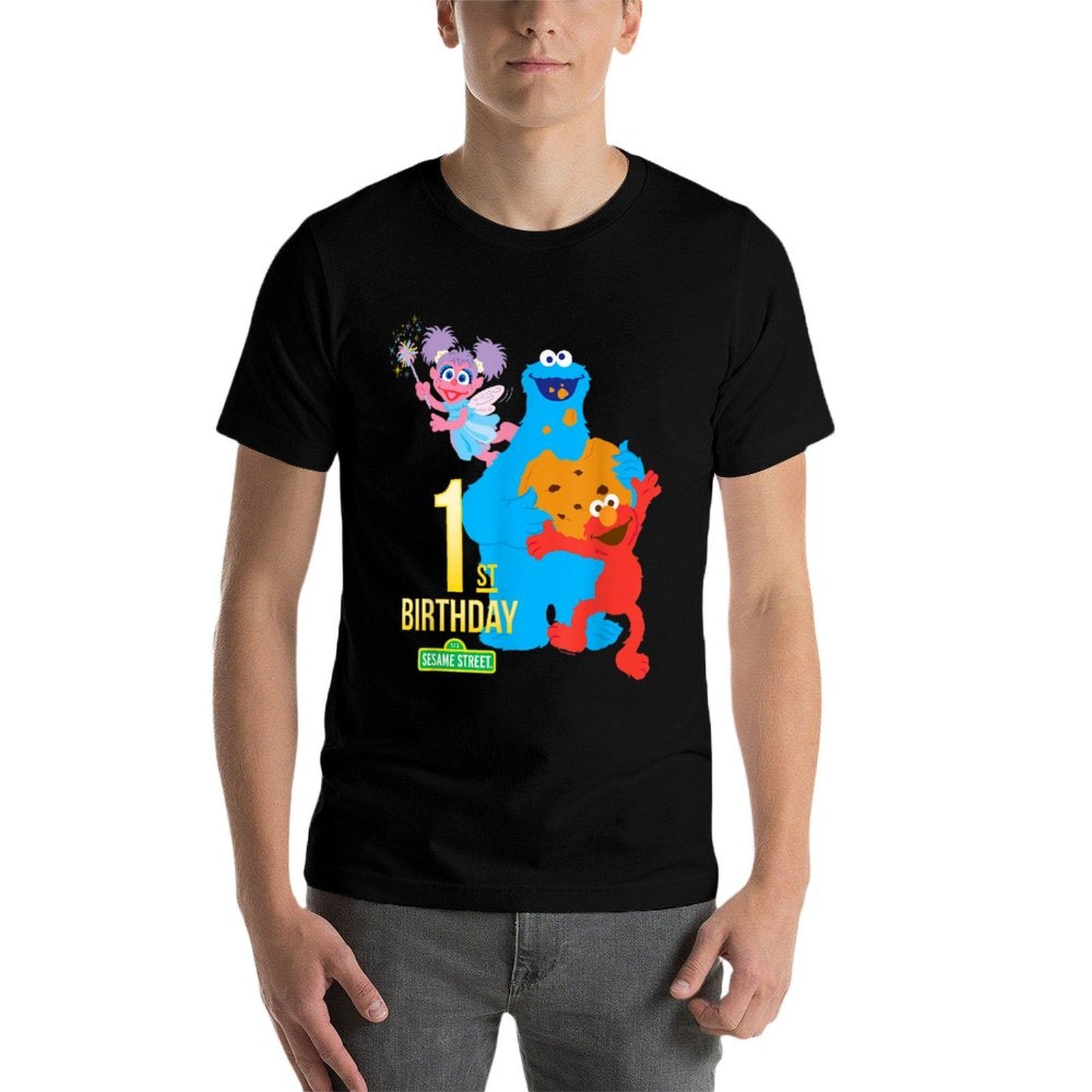 Sesame Street 1st Birthday Black Classic Fit Crew Neck  Cotton T-Shirt