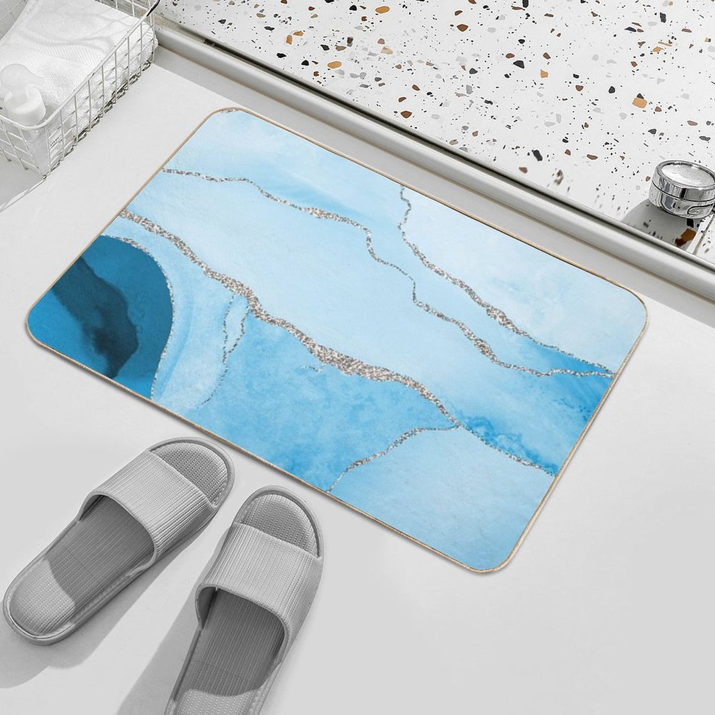 Watercolor Agate in Aqua Blue Faux Silver Veins  Dirt-Trapping Bath Mat