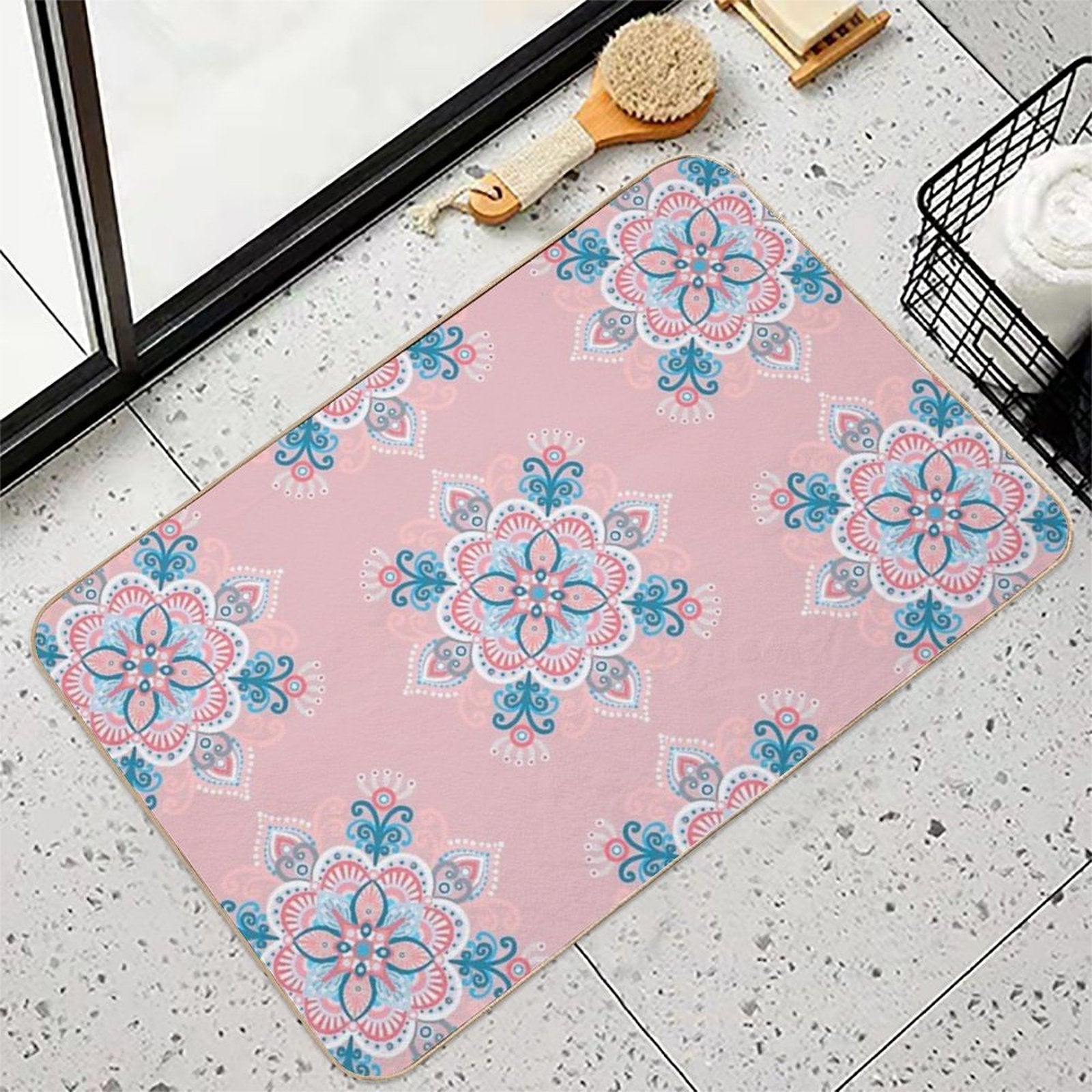 Ice Flowers Mandala Pink  Easy To Clean Bath Mat