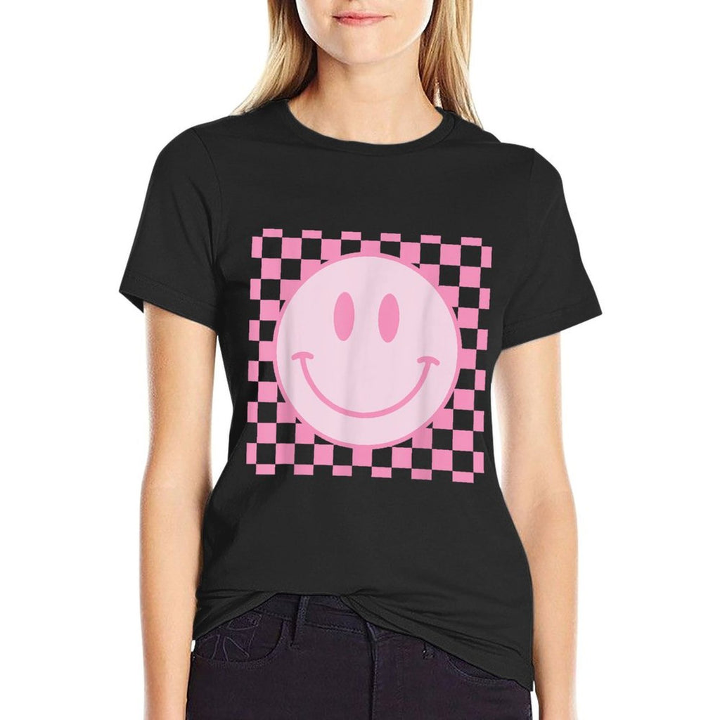 Retro Happy Face Checkered Pattern Smile Face Trendy  Tagless Design T-Shirt