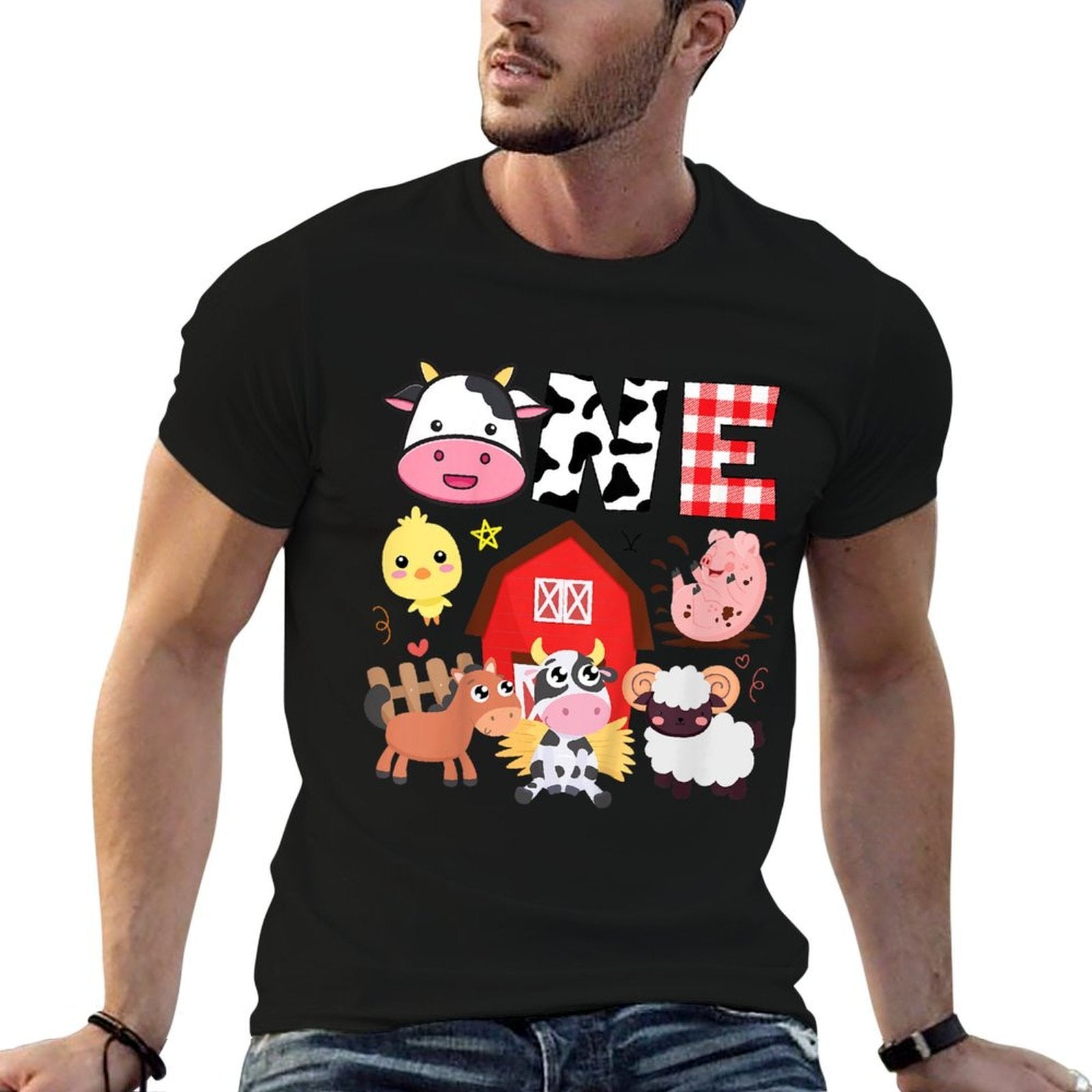 Kids 1st Birthday One Year Old Farm Theme Animals Birthday Party  Heathered Texture T-Shirt