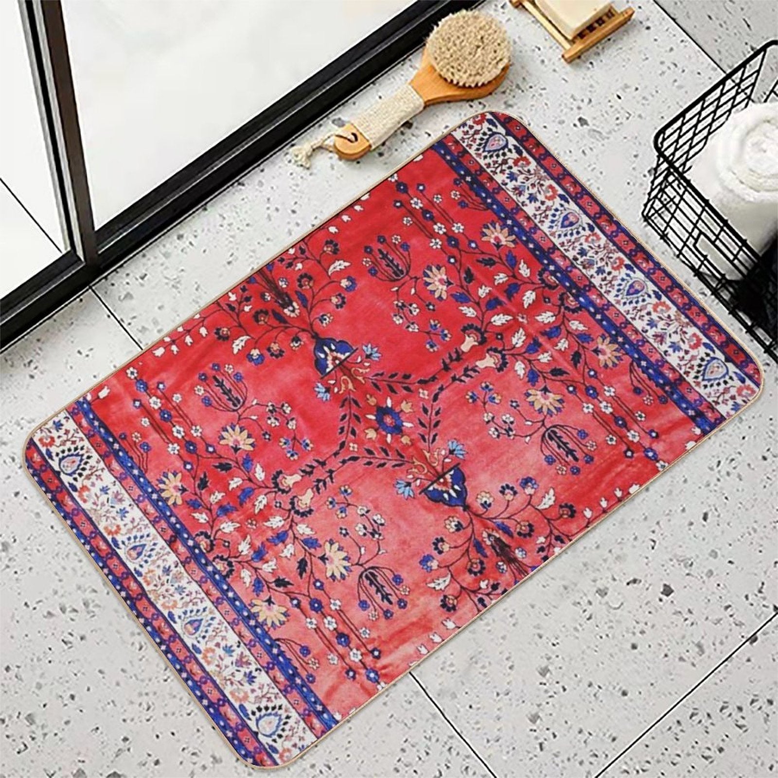 Antique Tabriz Persian Rug Print With Red Field  Slip-Resistant Bath Mat