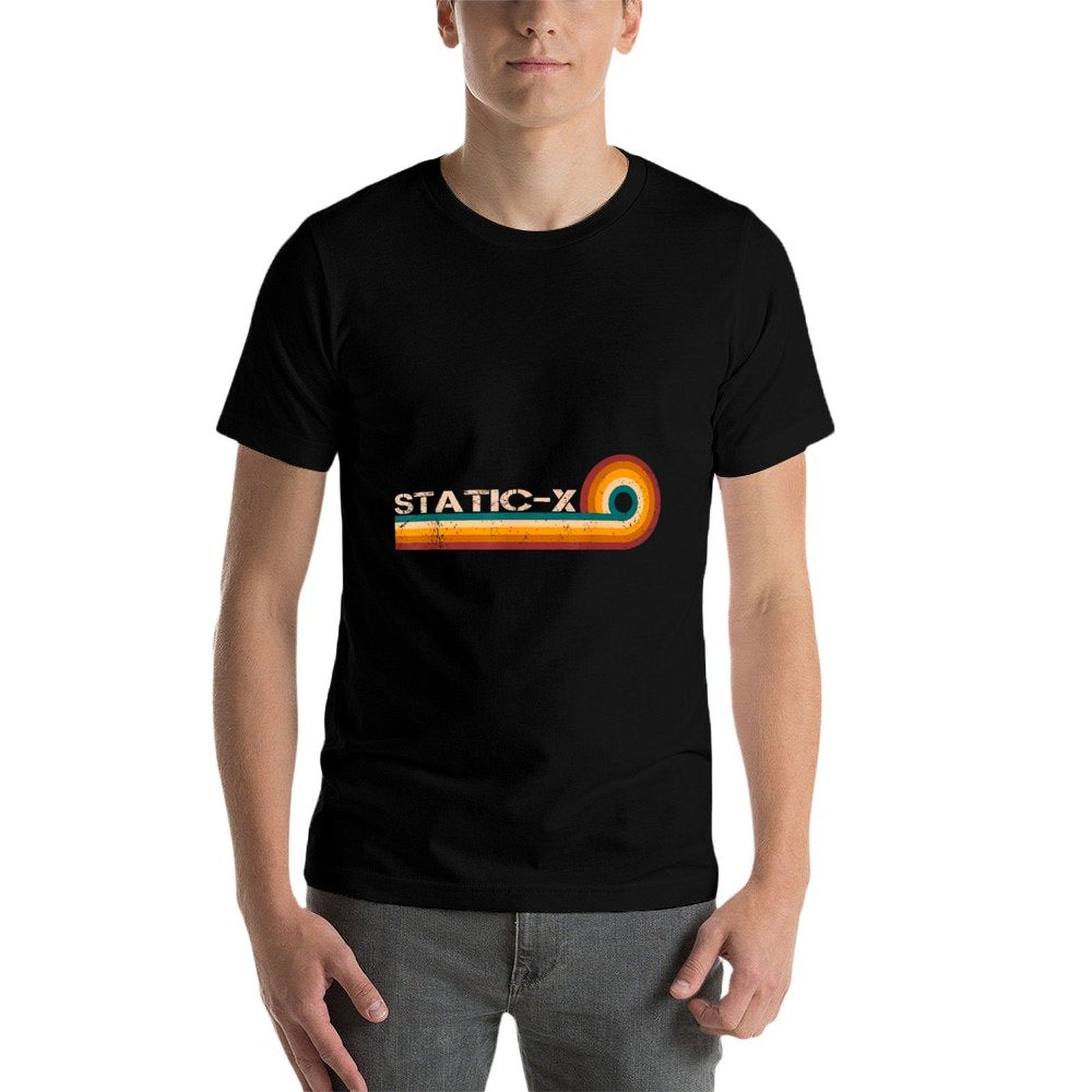 Static X Retro Stripes Musician Vintage  Ribbed Collar T-Shirt