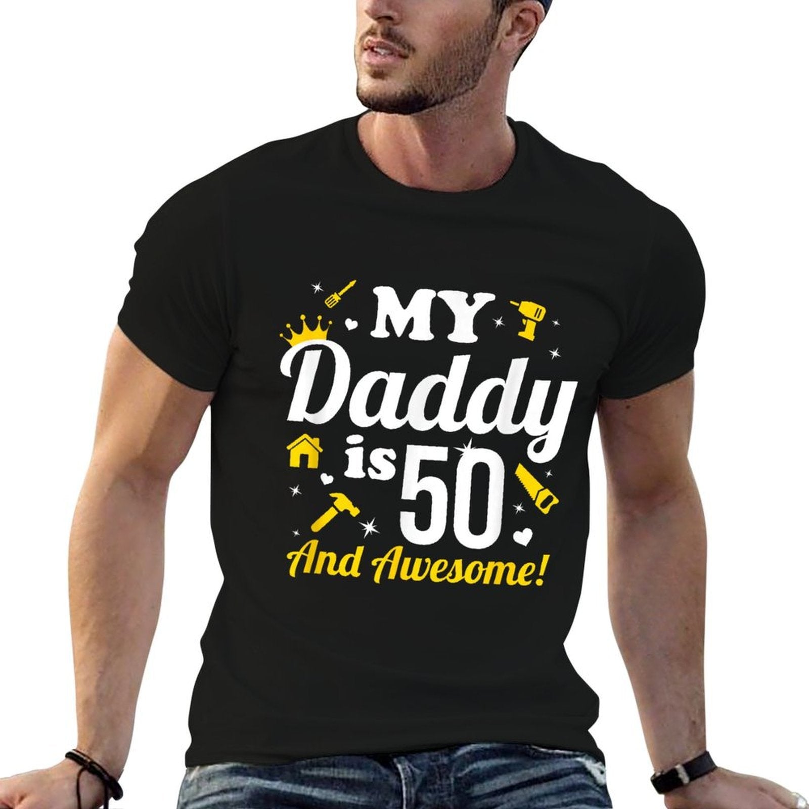 Dad 50th Birthday My Daddy Is 50 And Awesome 50th Birthday  Ribbed Collar T-Shirt