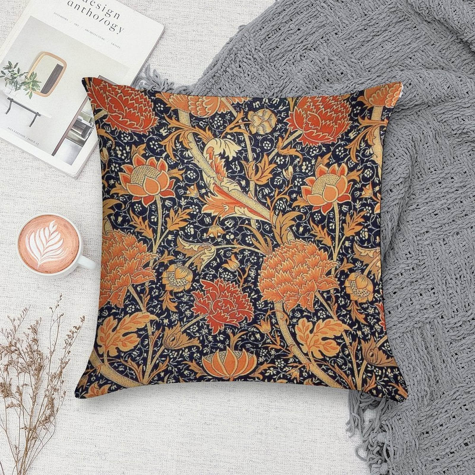 William Morris Cray Blue And Orange Soft High-Density Material Throw Pillow