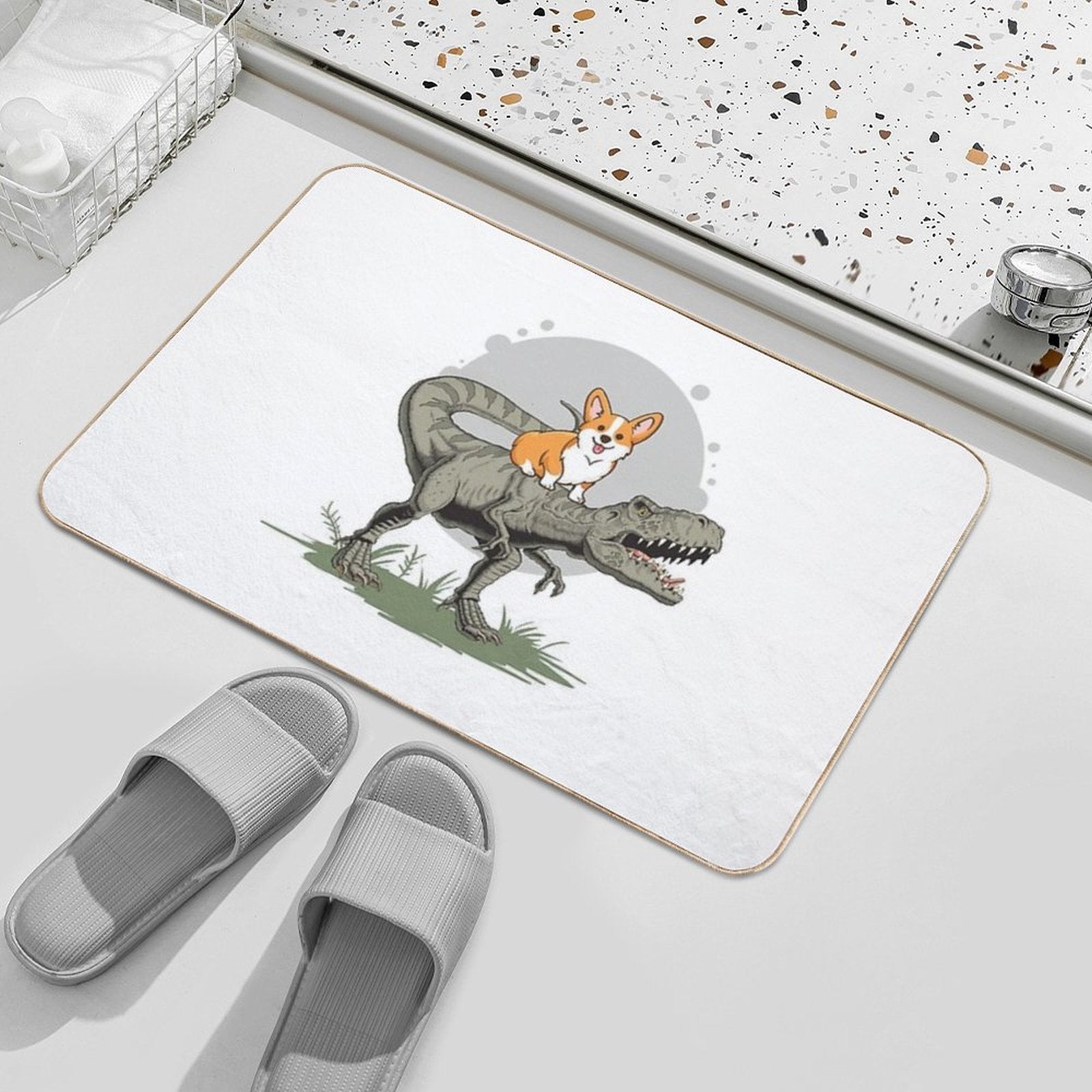 Corgi on Dinosaur  Fade-Resistant Bath Mat