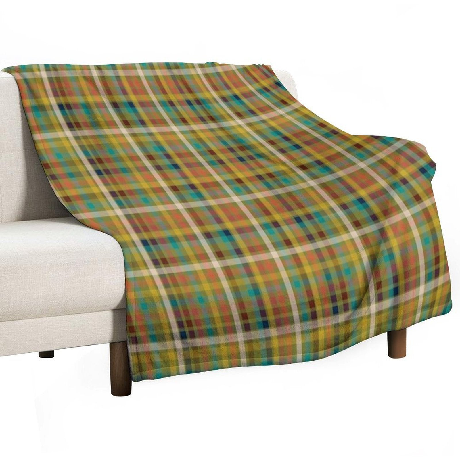 Retro Modern Plaid Pattern in Midcentury Mod Mustard, Olive, Orange, Teal, And Navy Comfort Throw Blanket