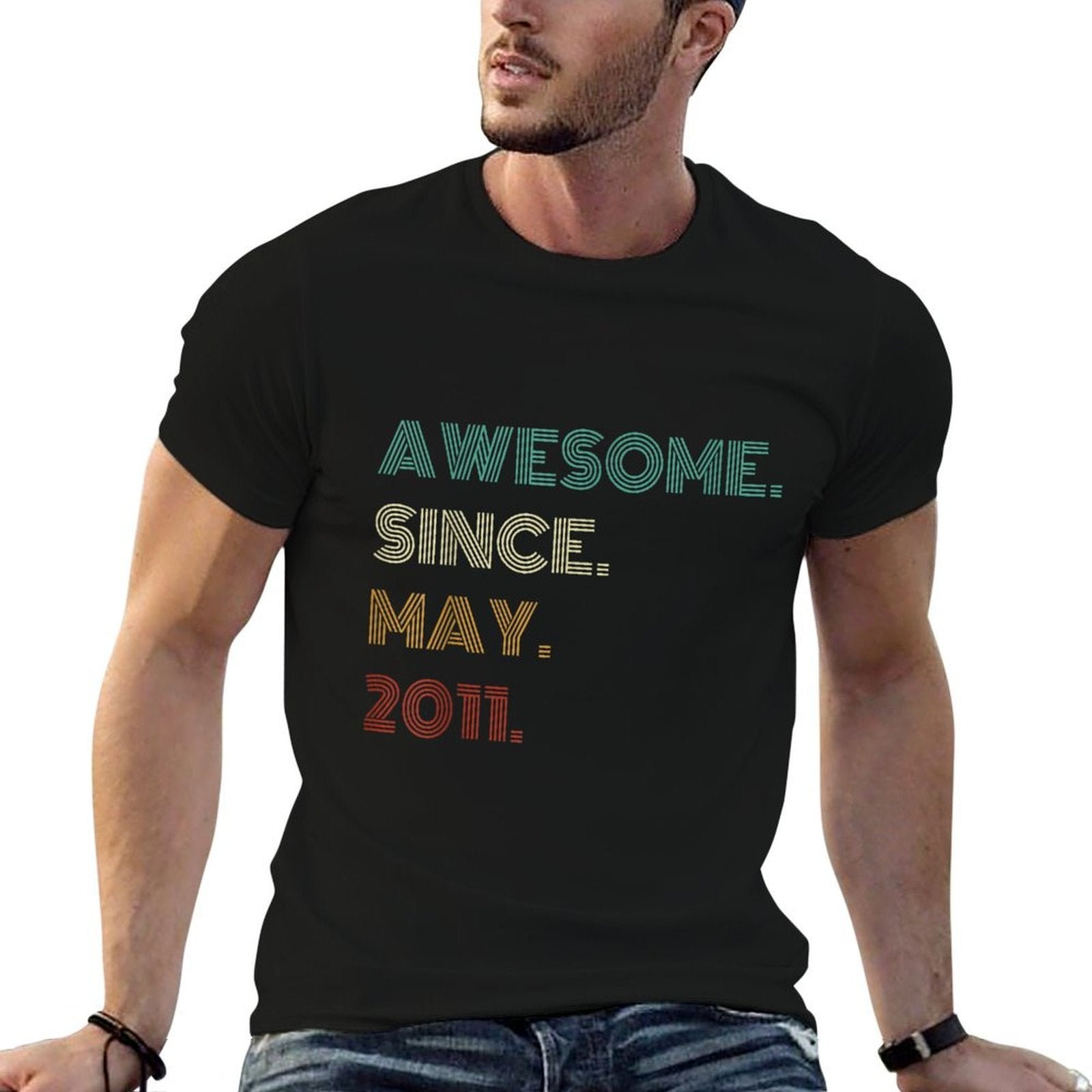 14 Years Old Awesome Since May 2011 14th Birthday  Ribbed Collar T-Shirt