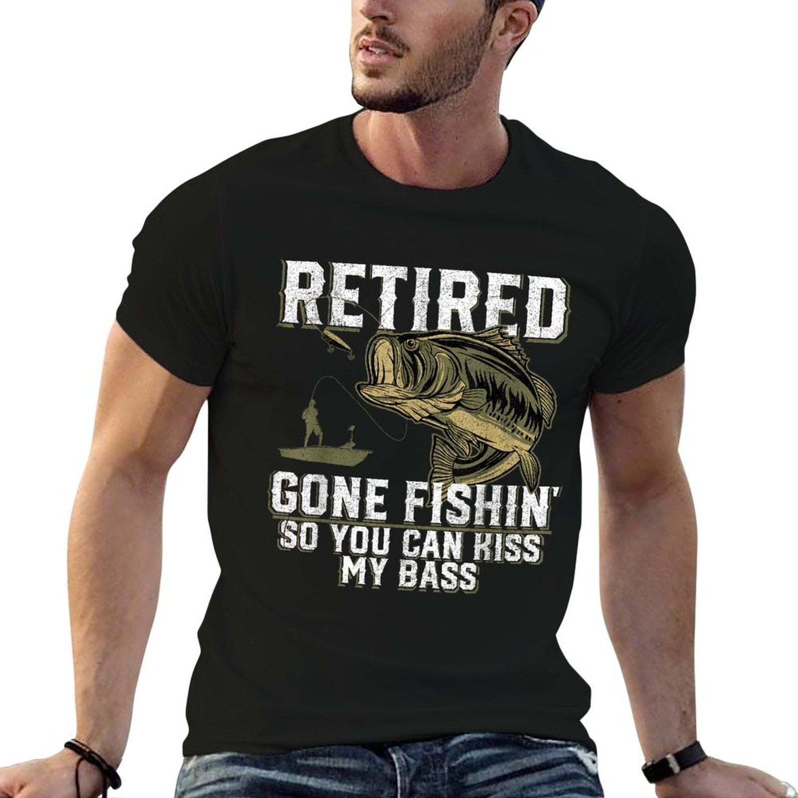 Funny Bass Fishings & Gifts For Men Retired Gone Fishin' Unisex Adult Humor Bass Fishing Black Medium  Fade-proof Color T-Shirt