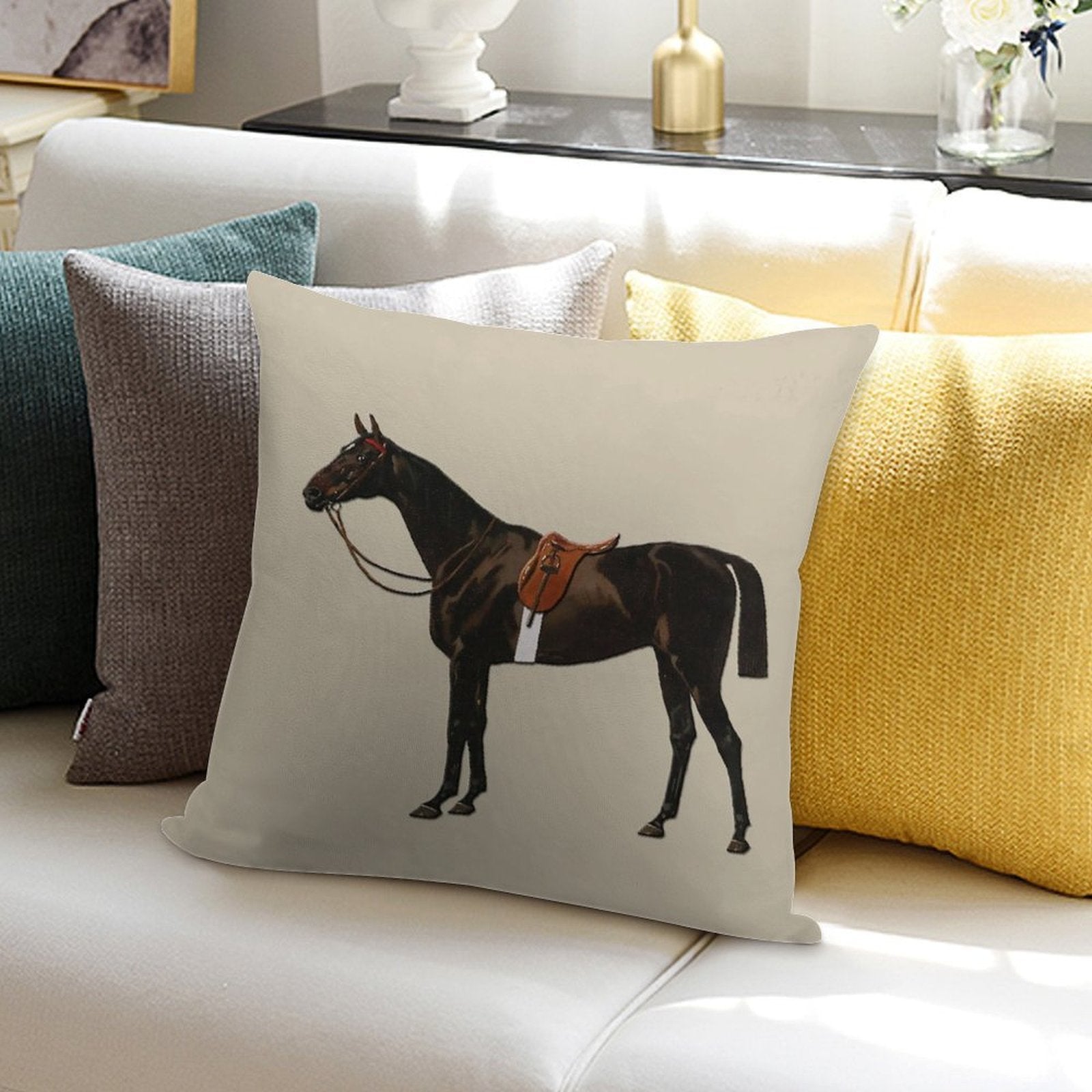 Vintage Equestrian Saddled Riding Horse Soft Anti-Pilling Throw Pillow