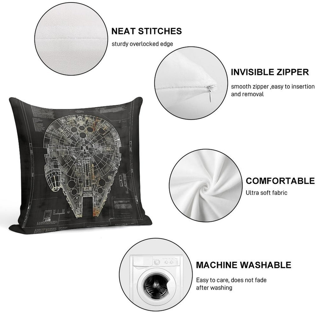 Millennium Falcon Star Wars Starship Blueprint Fan Art Soft Washable Throw Pillow