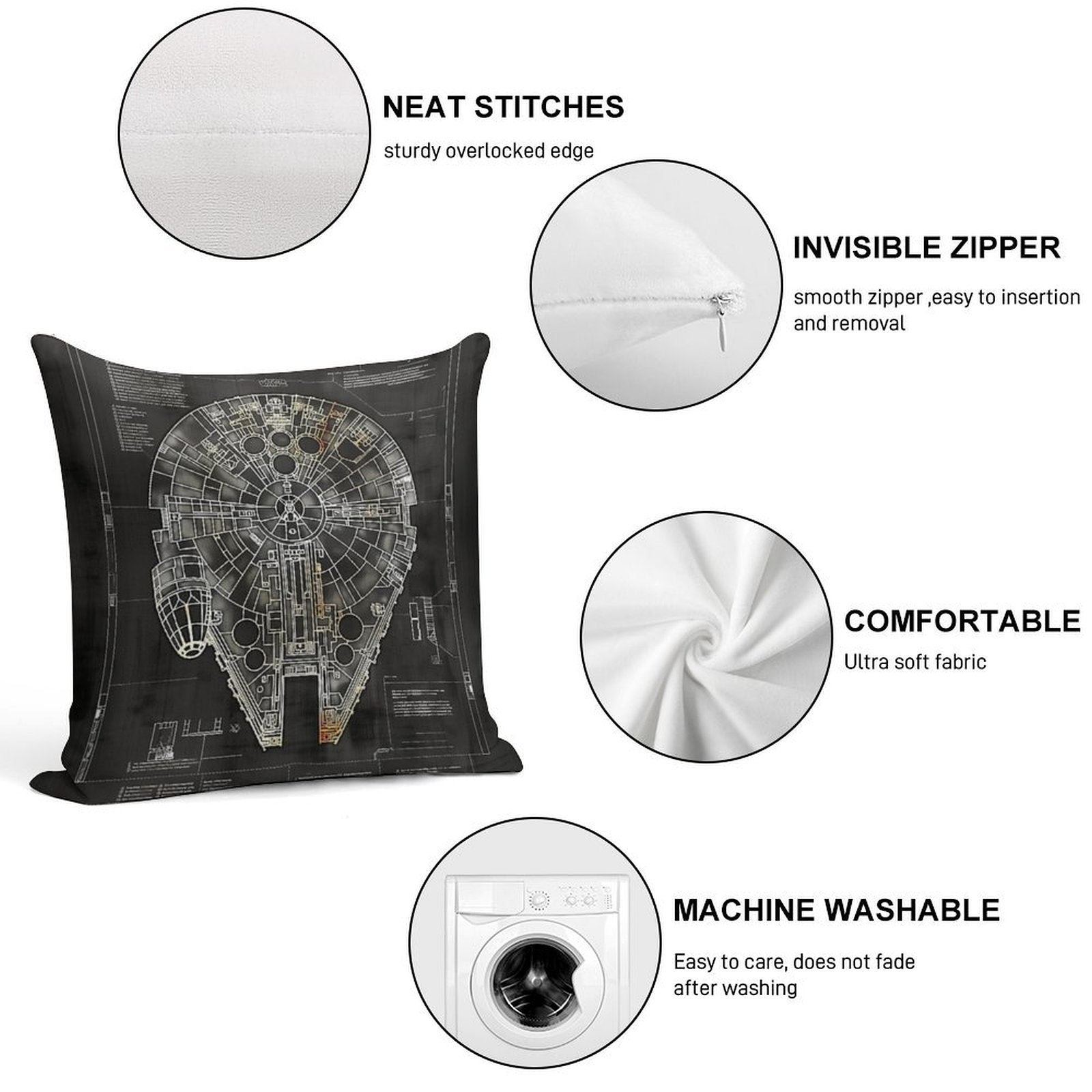 Millennium Falcon Star Wars Starship Blueprint Fan Art Soft Washable Throw Pillow