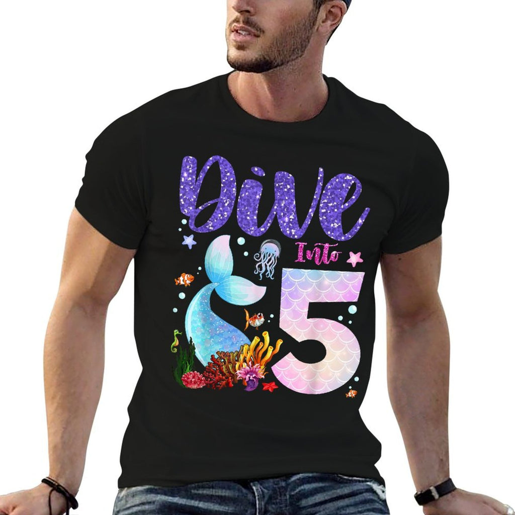 Dive Into 5 Birthday Decorations Girl 5th Birthday Mermaid  Graphic-printed T-Shirt