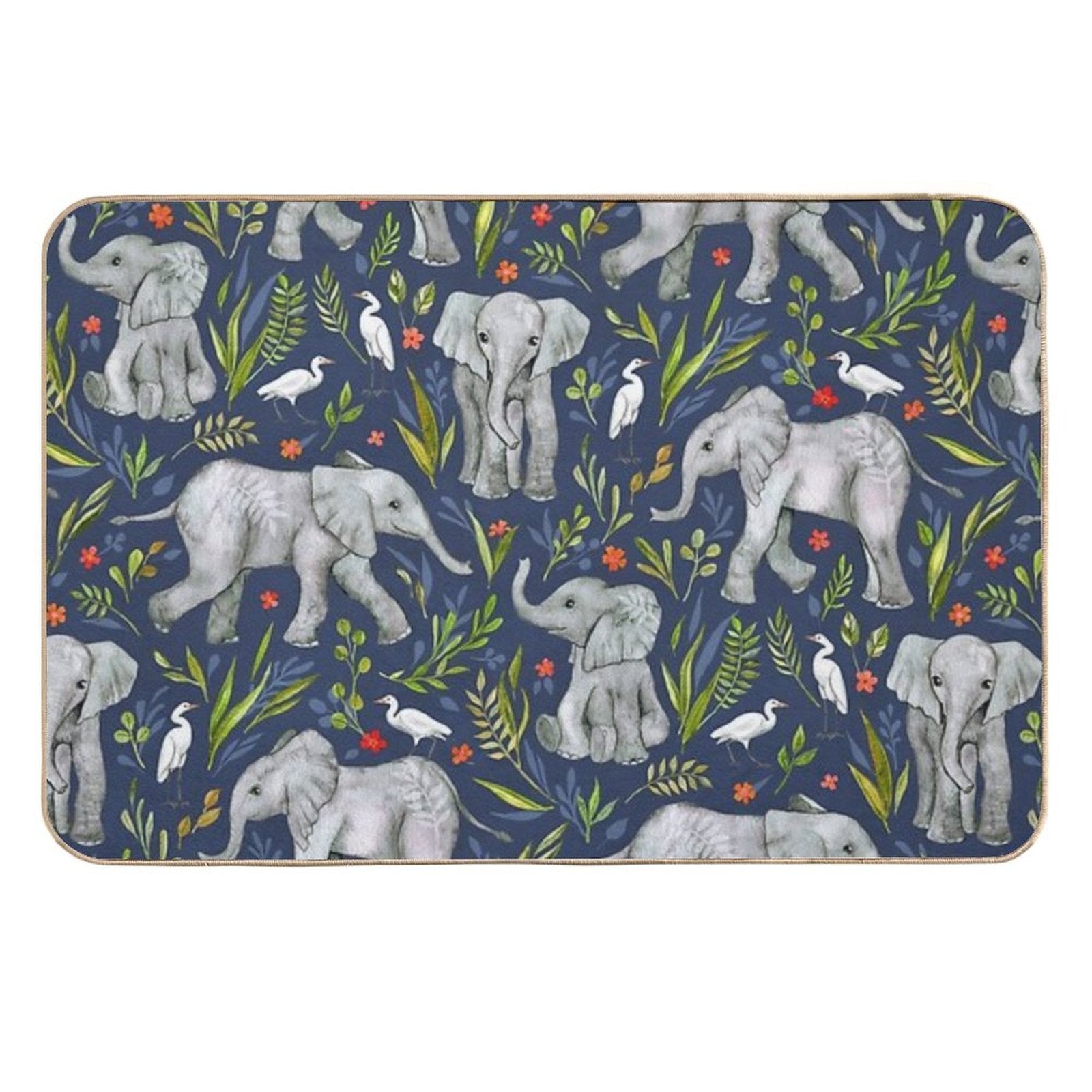 Baby Elephants And Egrets in Watercolor - Navy Blue  Anti-Trip Bath Mat