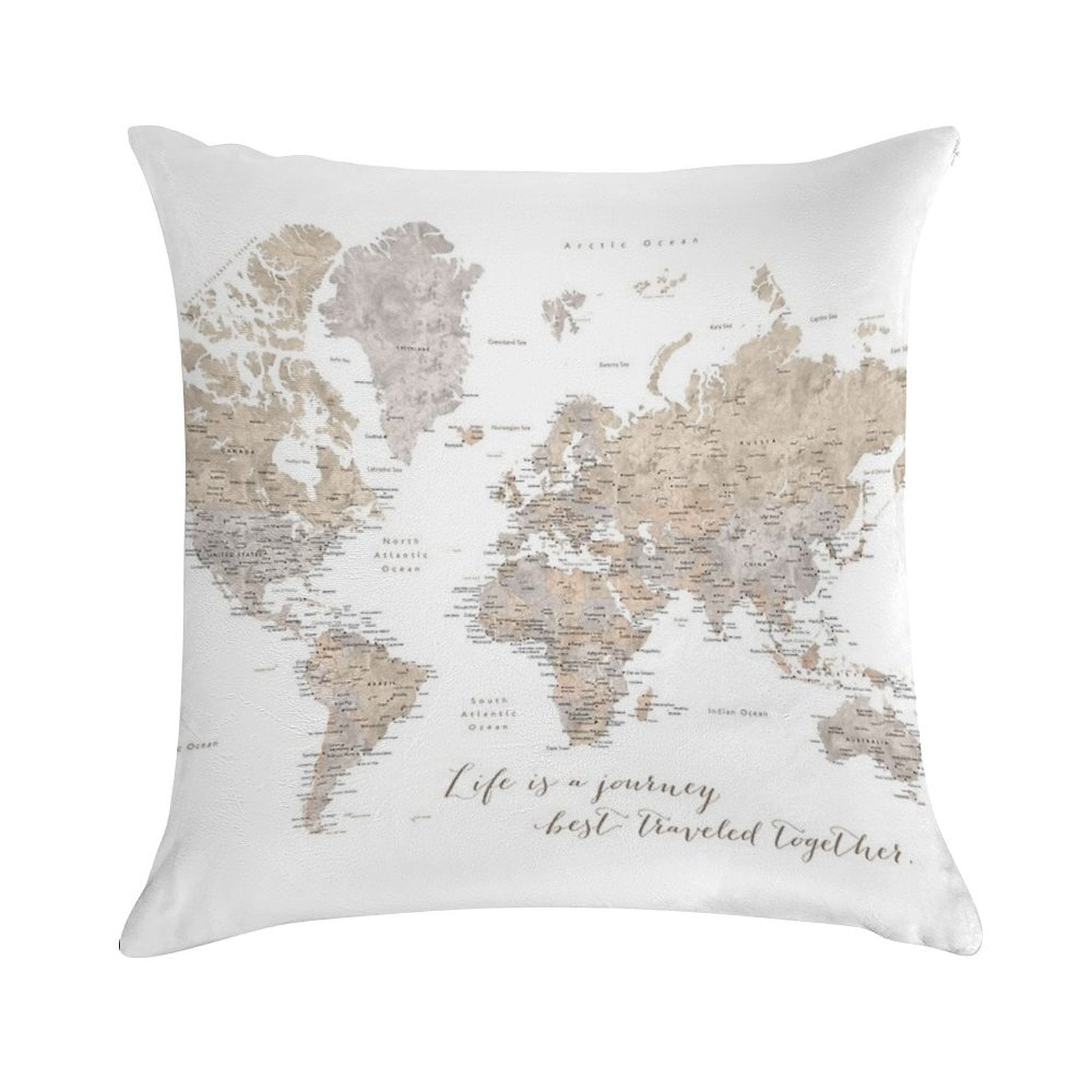Life Is A Jouney Best Travelled Together, World Map, Abey Soft Easy Maintenance Throw Pillow