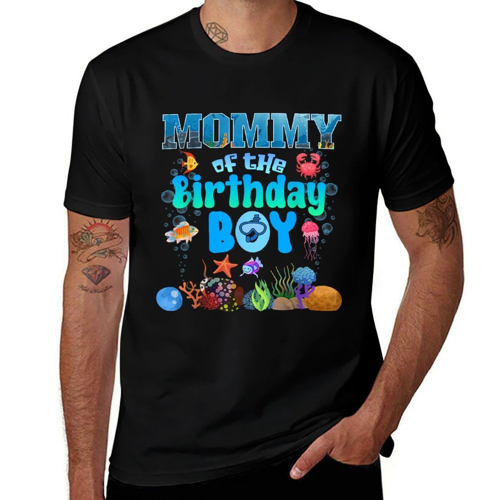 Mommy Of The Birthday Boy Aquarium Sea Animals Matching  Slim-fit Cut T-Shirt