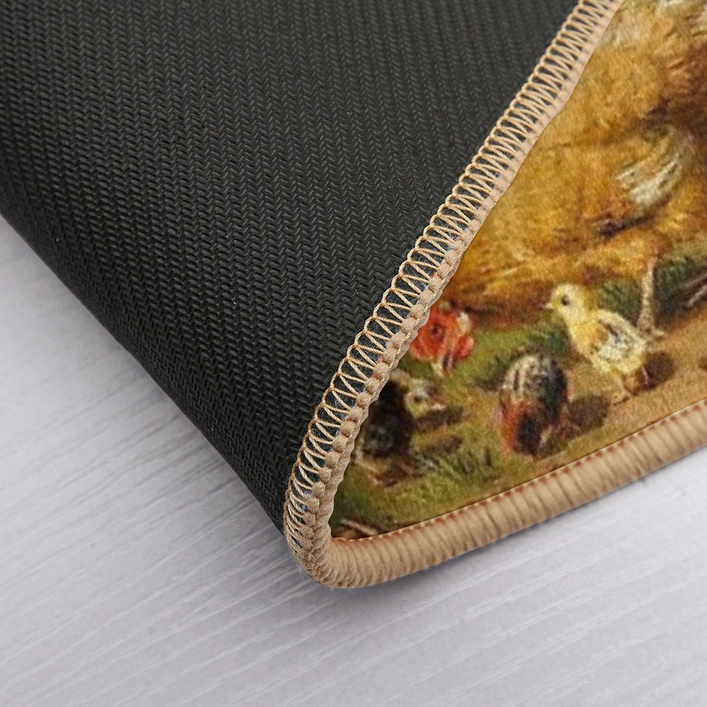 A Watchful Eye ,Rooster,Hens And Chickens With Wheelbarrow in Countryside  Pet-Safe Bath Mat