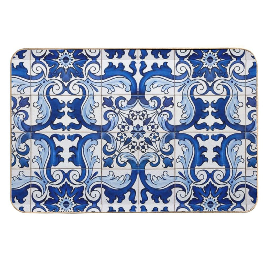 Antique Classic Lisbon Blue Azulejo Tile Floral Pattern  Stain-Proof Bath Mat