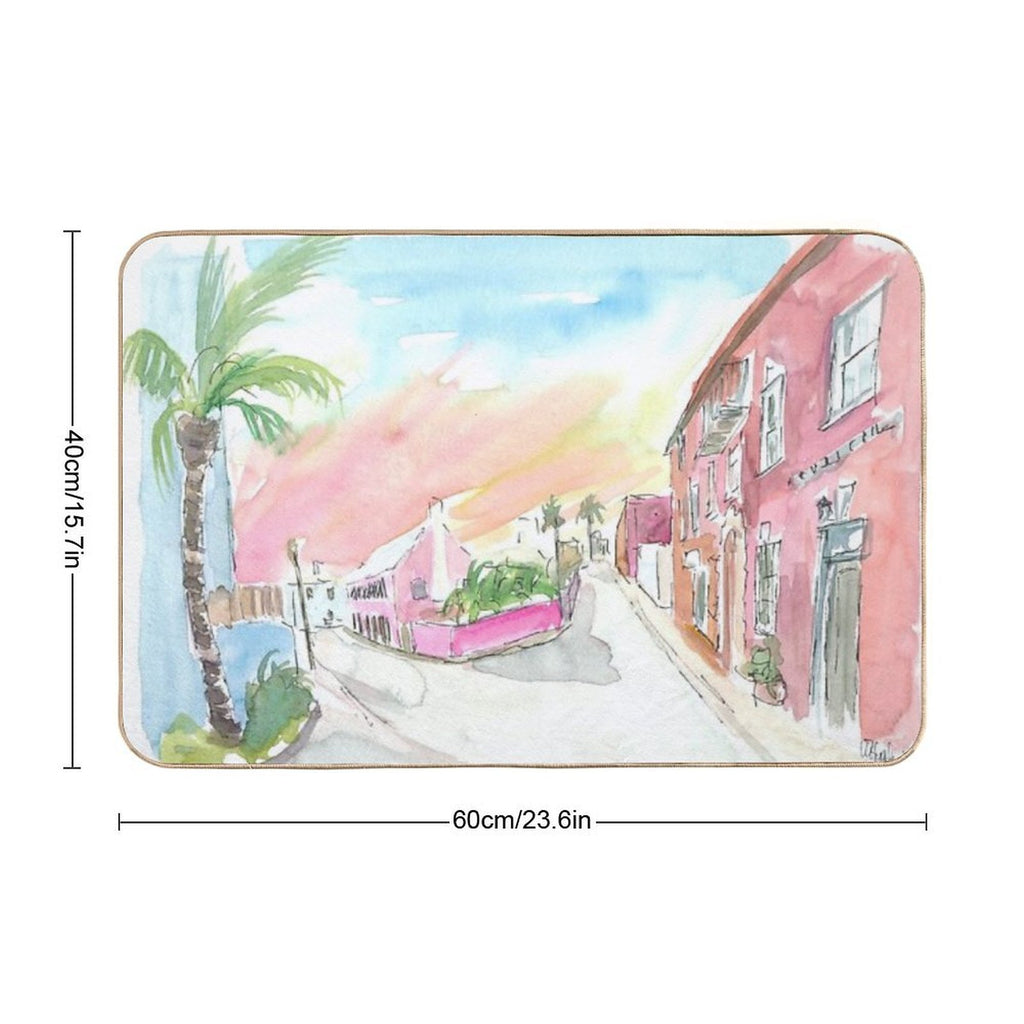Sunny Bermuda Street Scene In St George's  Long-Lasting Bath Mat