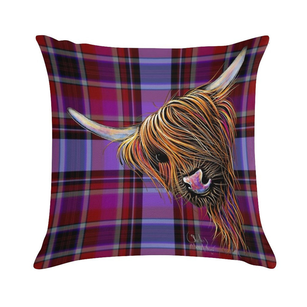 SCoTTiSH HiGHLaND CoW ' TaRTaN NooDLeS P ' by SHiRLeY MacARTHuR Soft Gift Ready Throw Pillow