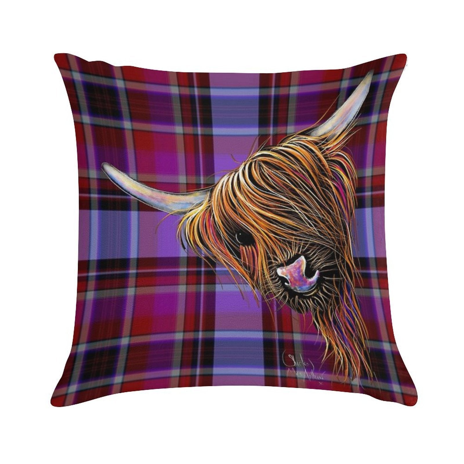SCoTTiSH HiGHLaND CoW ' TaRTaN NooDLeS P ' by SHiRLeY MacARTHuR Soft Gift Ready Throw Pillow