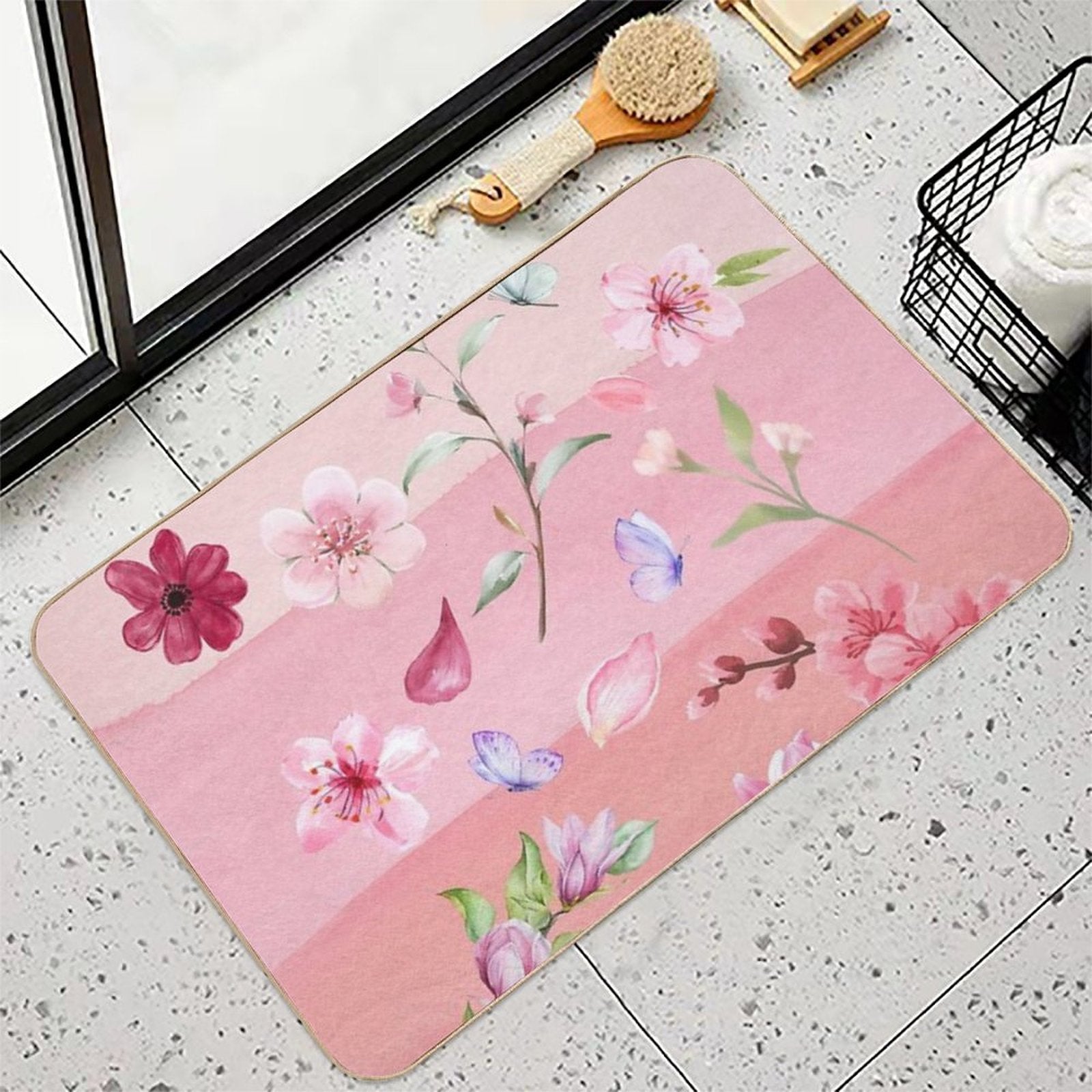 Watercolor Flowers And Butterflies  Dirt-Trapping Bath Mat
