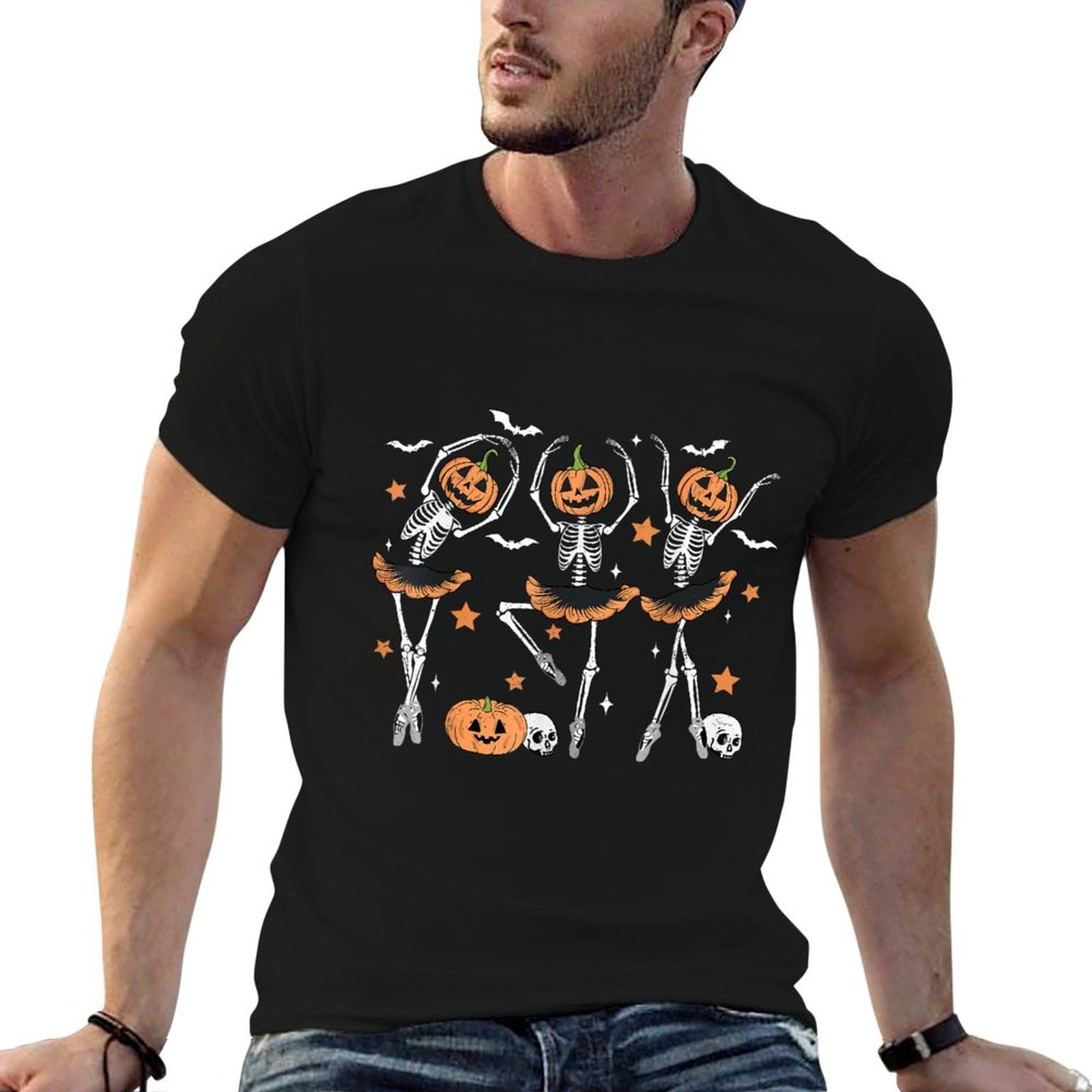 Ballet Pumpkin Skeleton Scary Halloween Men Women Boys Girl  Easy-care T-Shirt