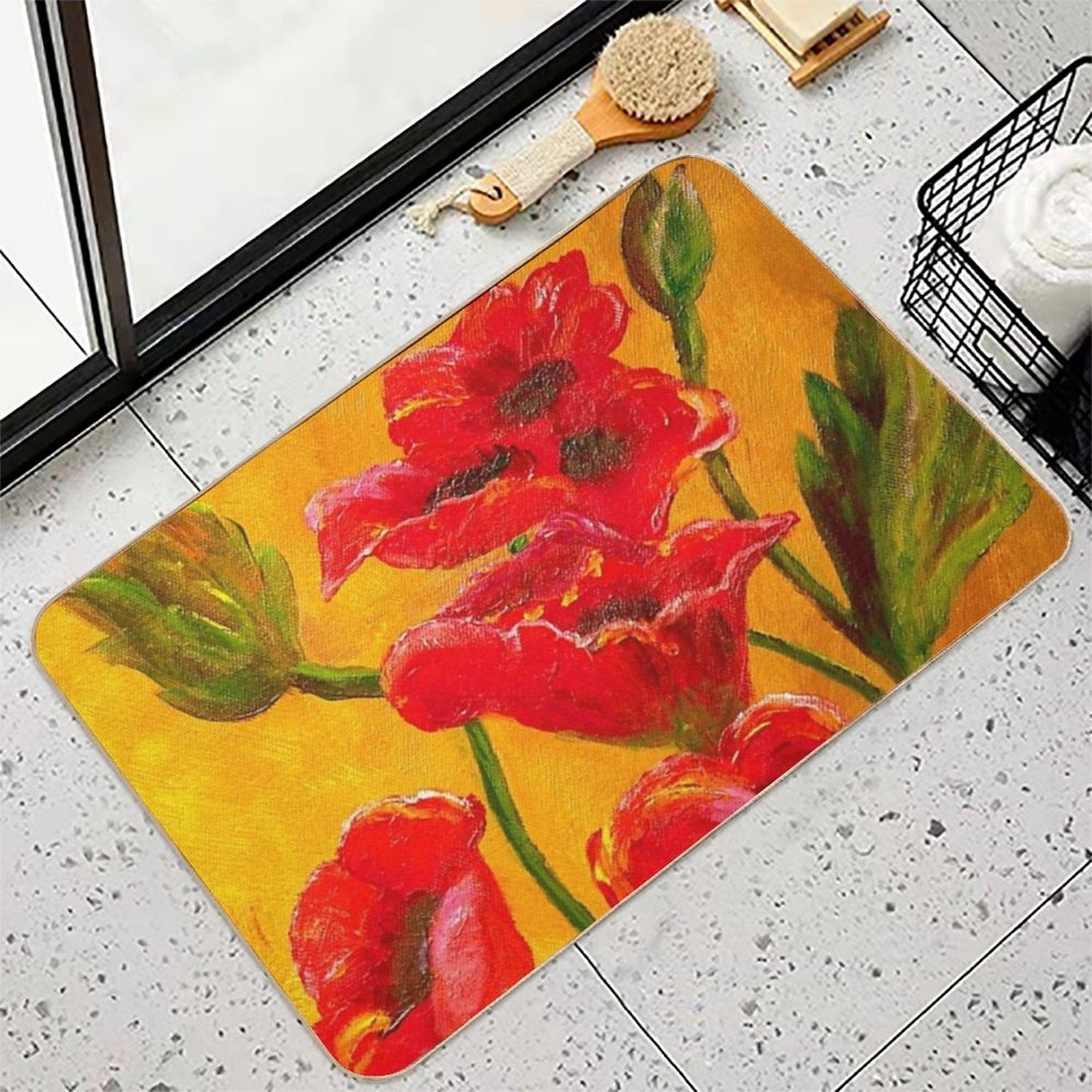 Red Floral Burnt Orange Autumn Pattern  Easy To Clean Bath Mat