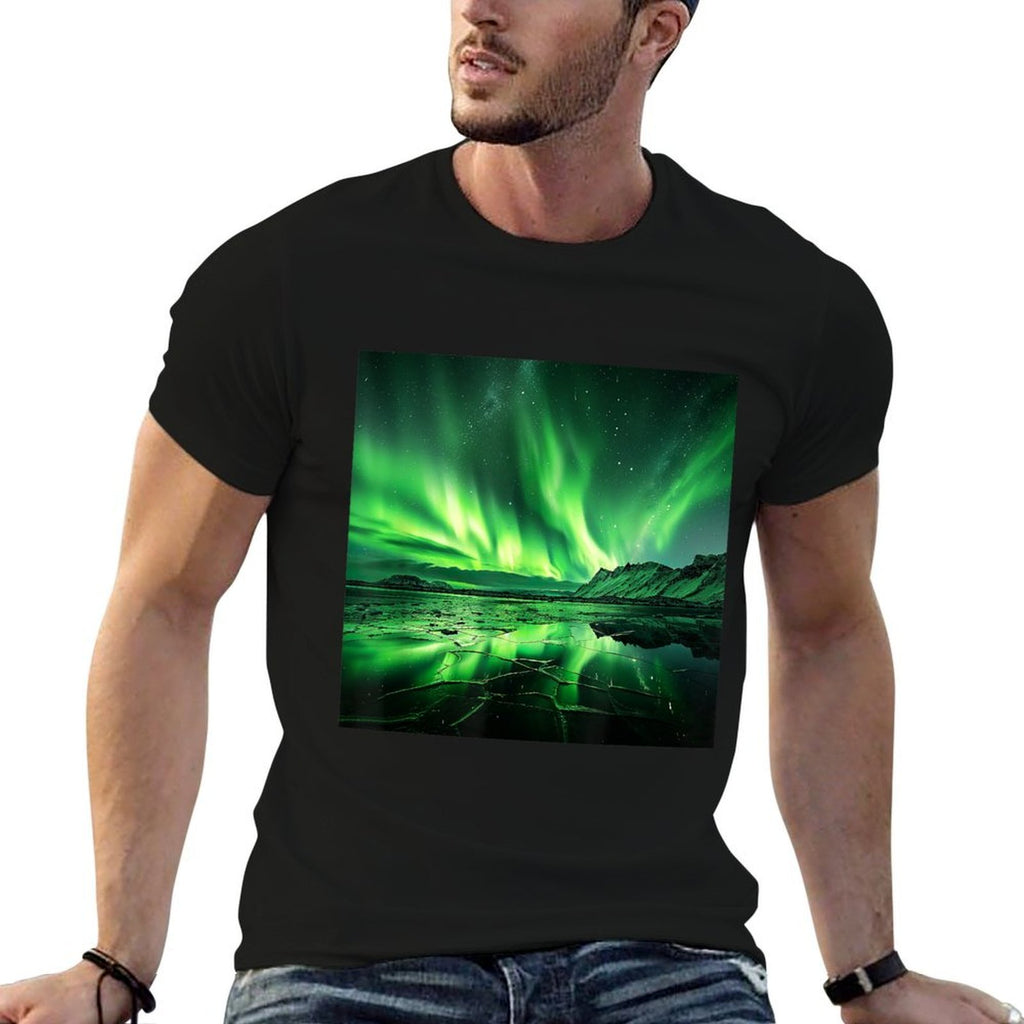 Northern Lights Sky Aurora Borealis Mountain Landscape  Trendy Pattern T-Shirt
