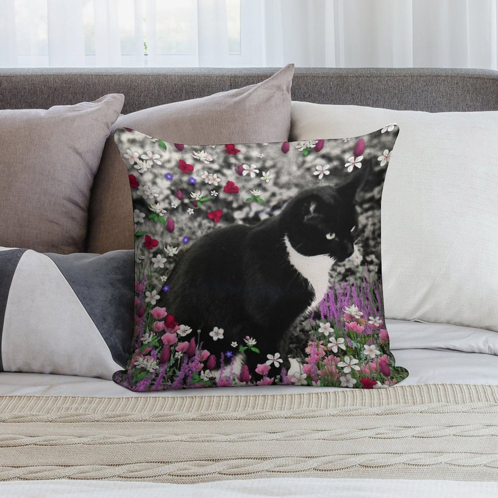 Freckles in Flowers II - Tuxedo Cat Soft Short Plush Fabric Throw Pillow