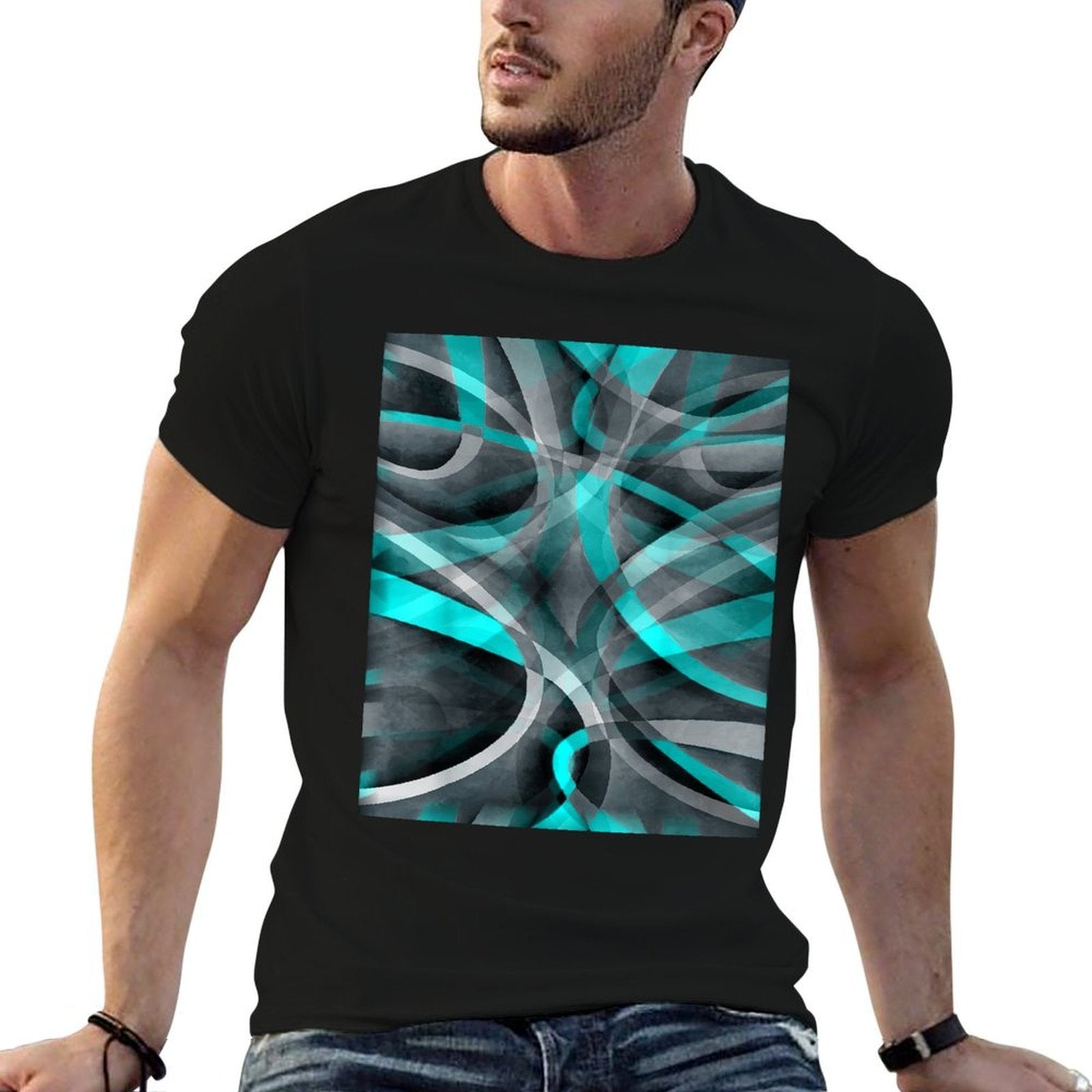 Eighties Turquoise On Grey Abstract Strip Pattern  Graphic-printed T-Shirt