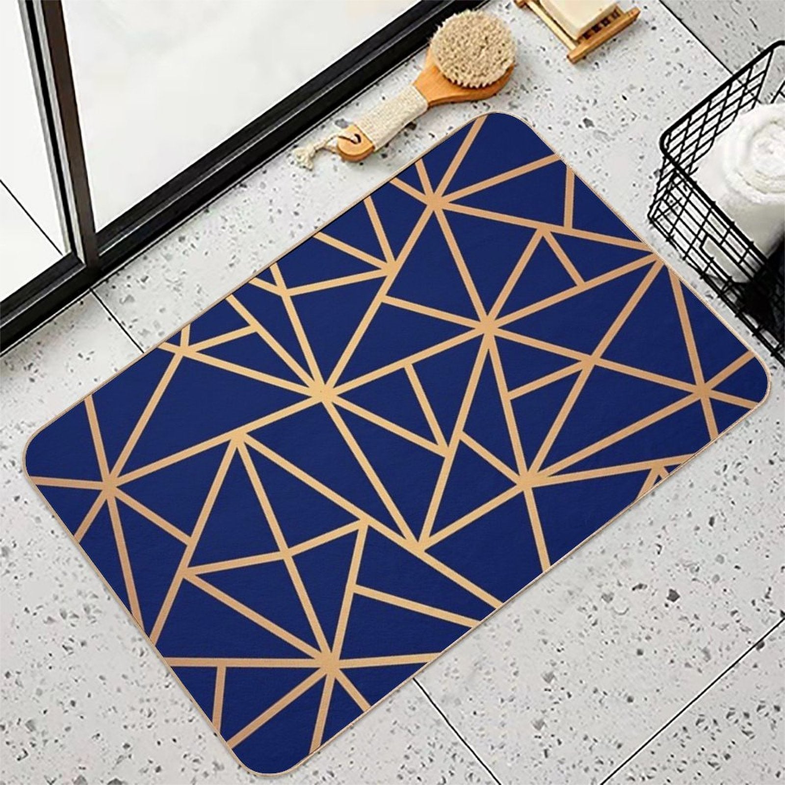 Blue And Gold Geometric Art Deco Lines  Anti-Trip Bath Mat