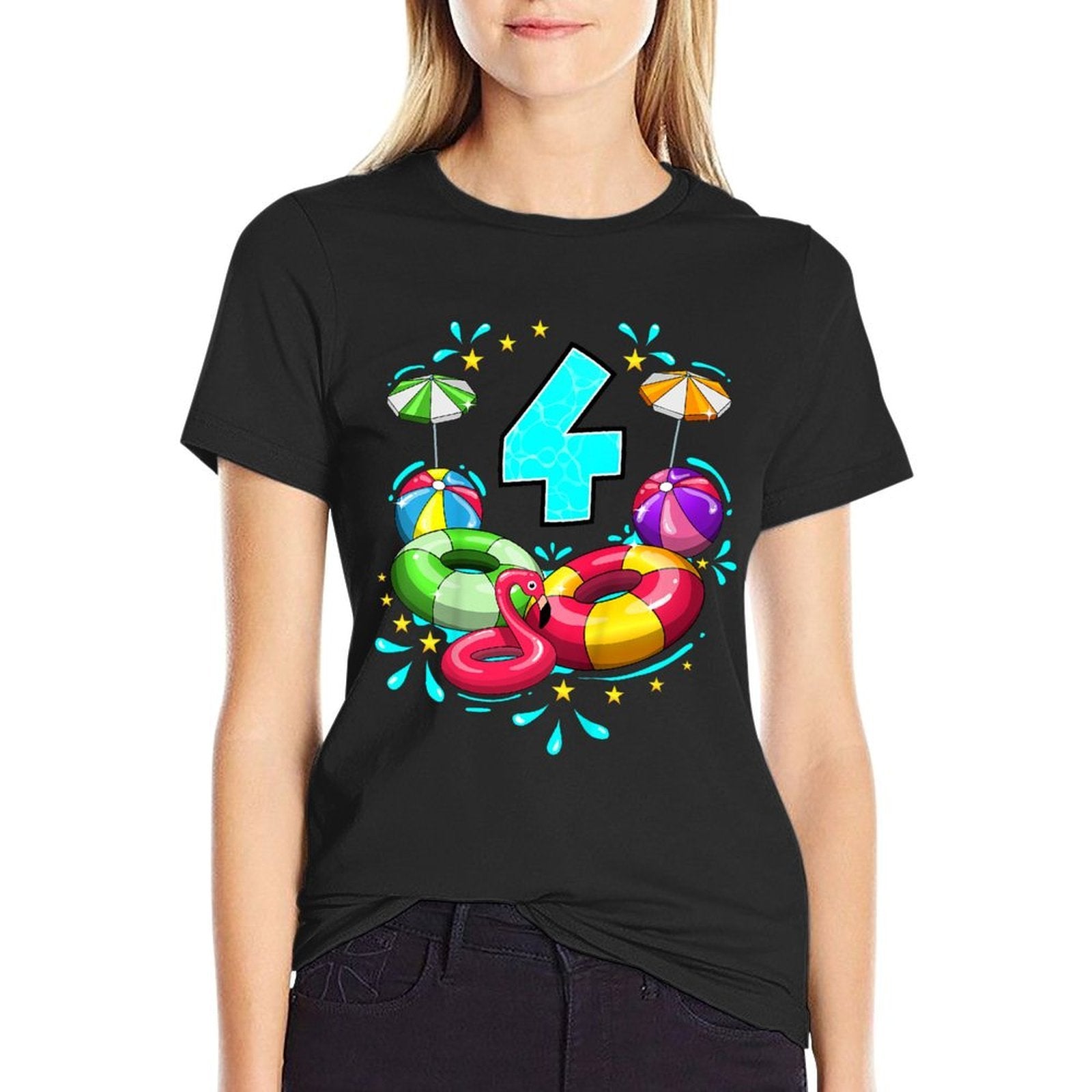 Kids 4th Birthday Pool Party 4 Years Old Beach Ball Summer  Slim-fit Cut T-Shirt