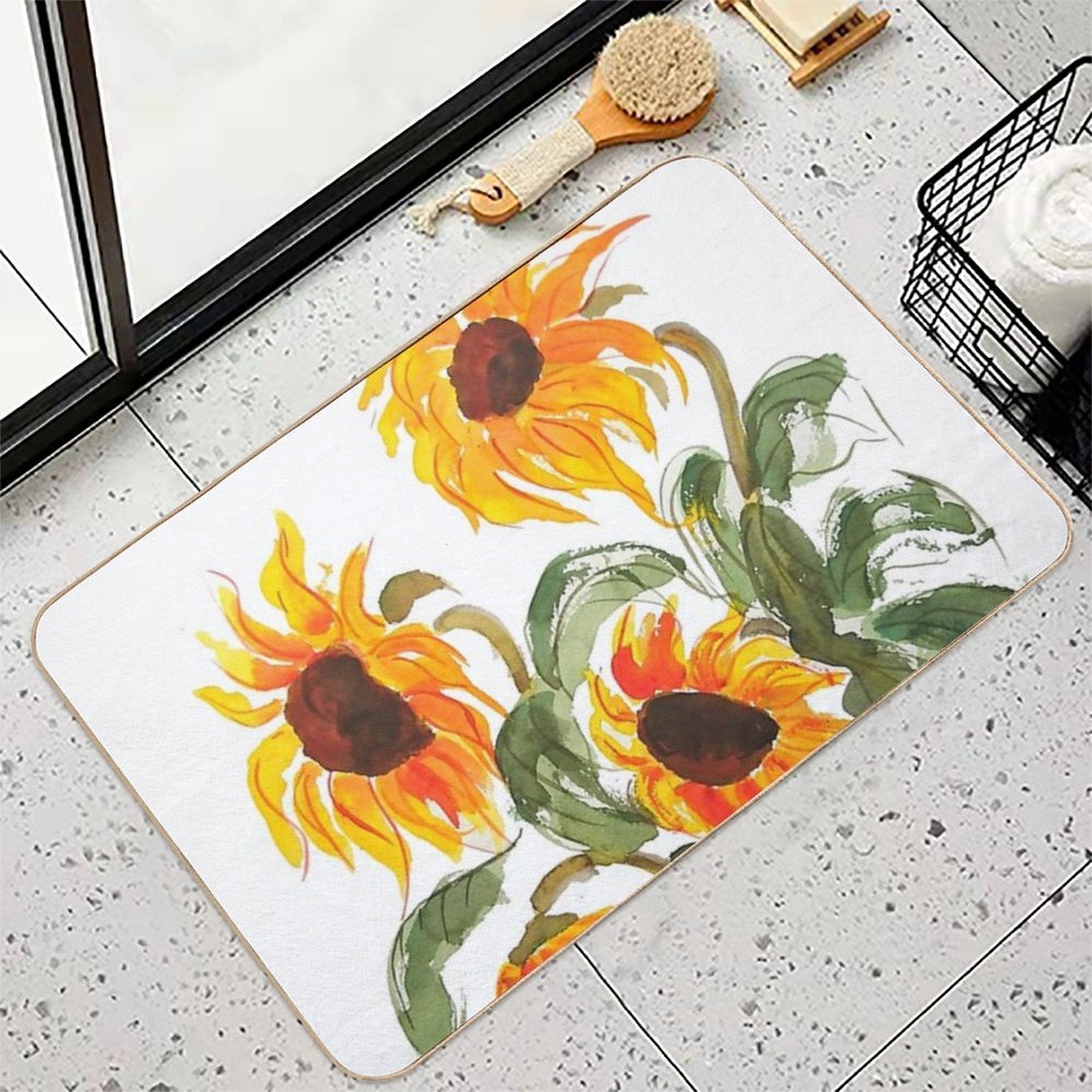 Hand Painted Sunflower Watercolor 2018  Pet-Safe Bath Mat