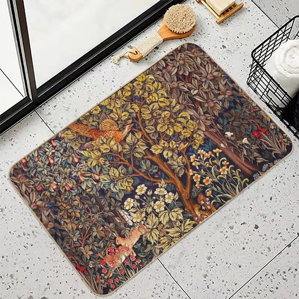 GREENERY,FOREST ANIMALS Pheasant on Autumn Tree,Squirrel,Hares,Red Yellow Floral Tapestry  Non-Slip Bath Mat
