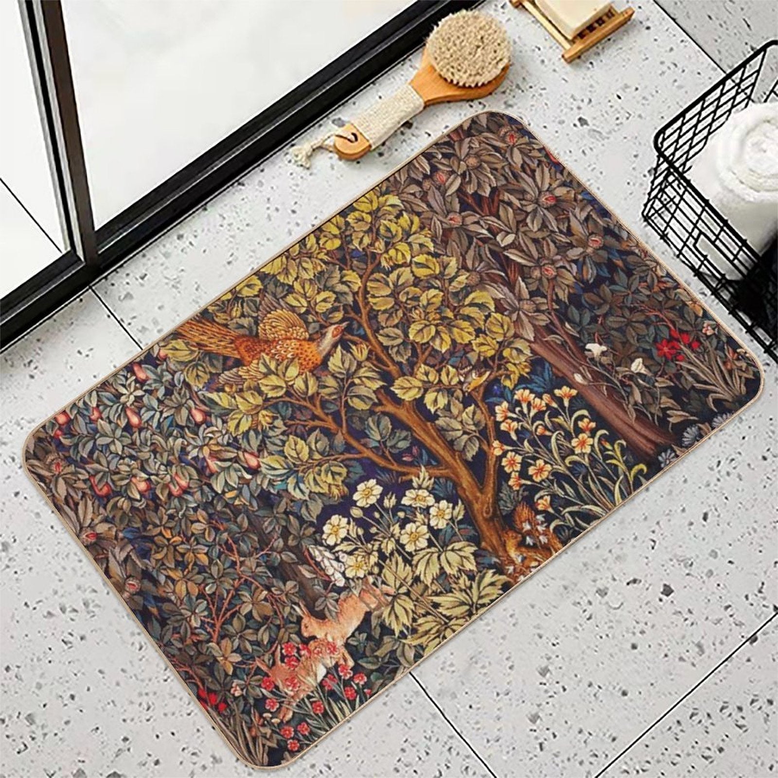 GREENERY,FOREST ANIMALS Pheasant on Autumn Tree,Squirrel,Hares,Red Yellow Floral Tapestry  Non-Slip Bath Mat